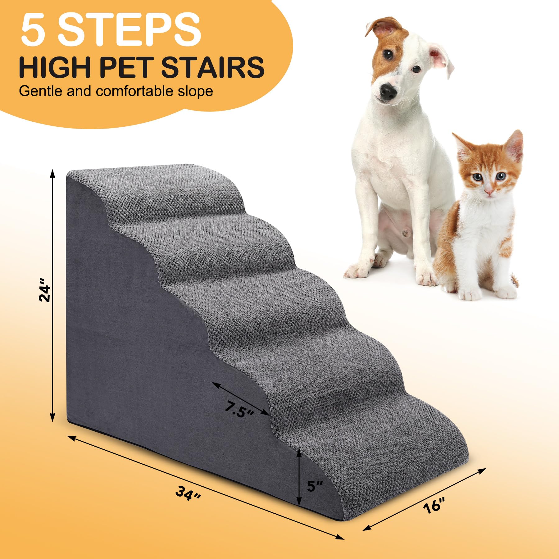 Ciwivoki Dog Stairs For Bed, 5 Tier Dog Steps For Couch And High Bed, Non-Slip Pet Stairs, 24' High Sofa Foam Dog Stairs - Best For Small Pets, Older Dogs, Cats With Joint Pain