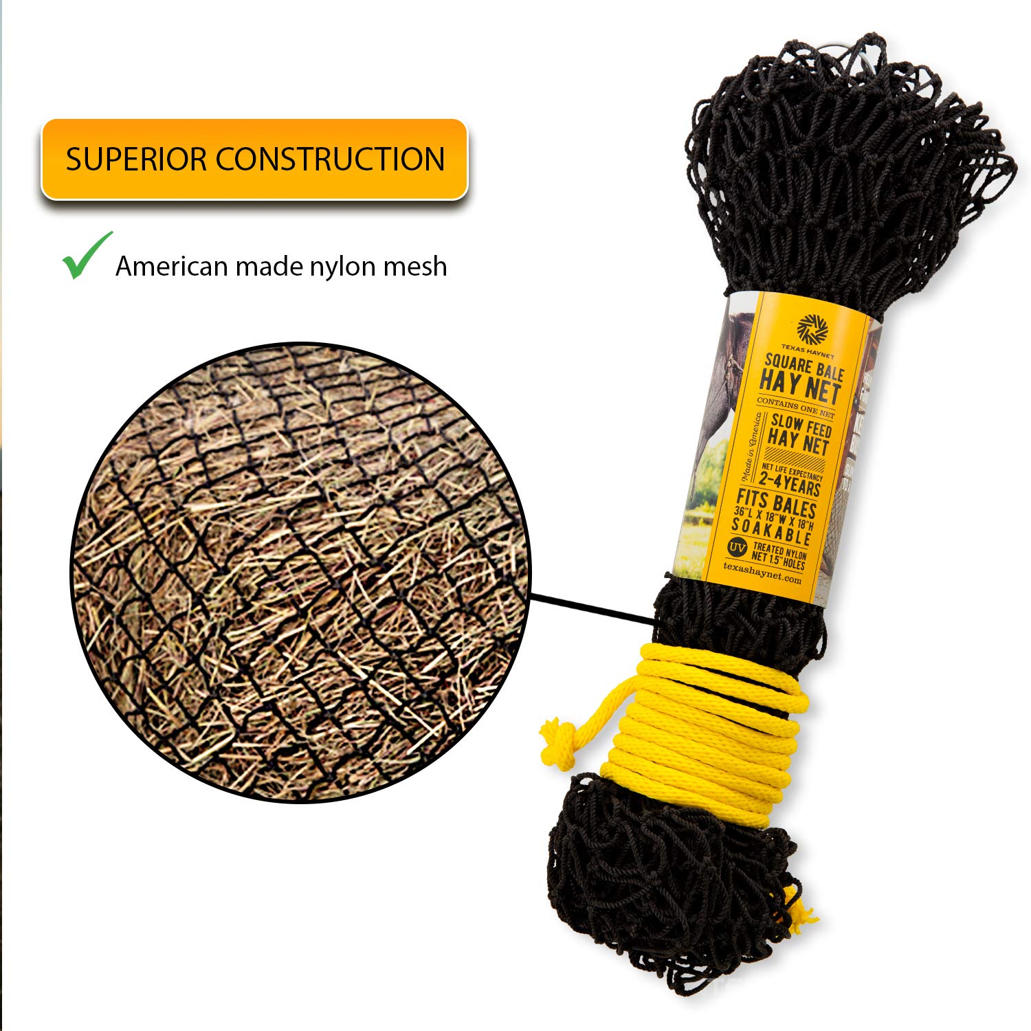 Texas Haynet - Square Net Hay Holder For Horses - Durable Nylon Square Bale Hay Net Slow Feed - American Made Hay Rope Net - Easily Fits Bales 36X18X18?With 1.5?Holes