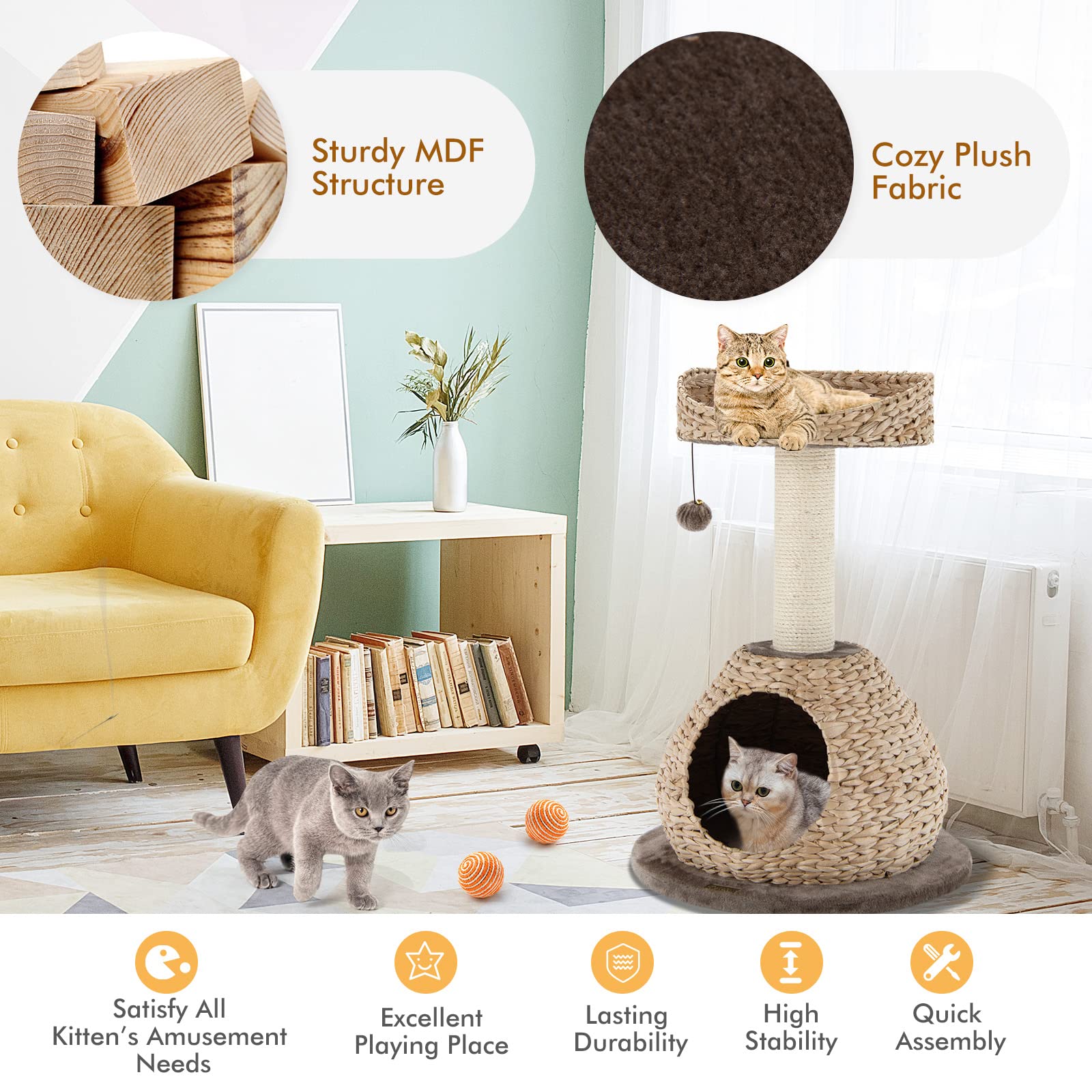 Petsite Modern Cat Tree Tower, Paper Rope Natural Bowl Shaped With Perch, Scratching Post, Rattan Cat Activity Tree For Kittens,