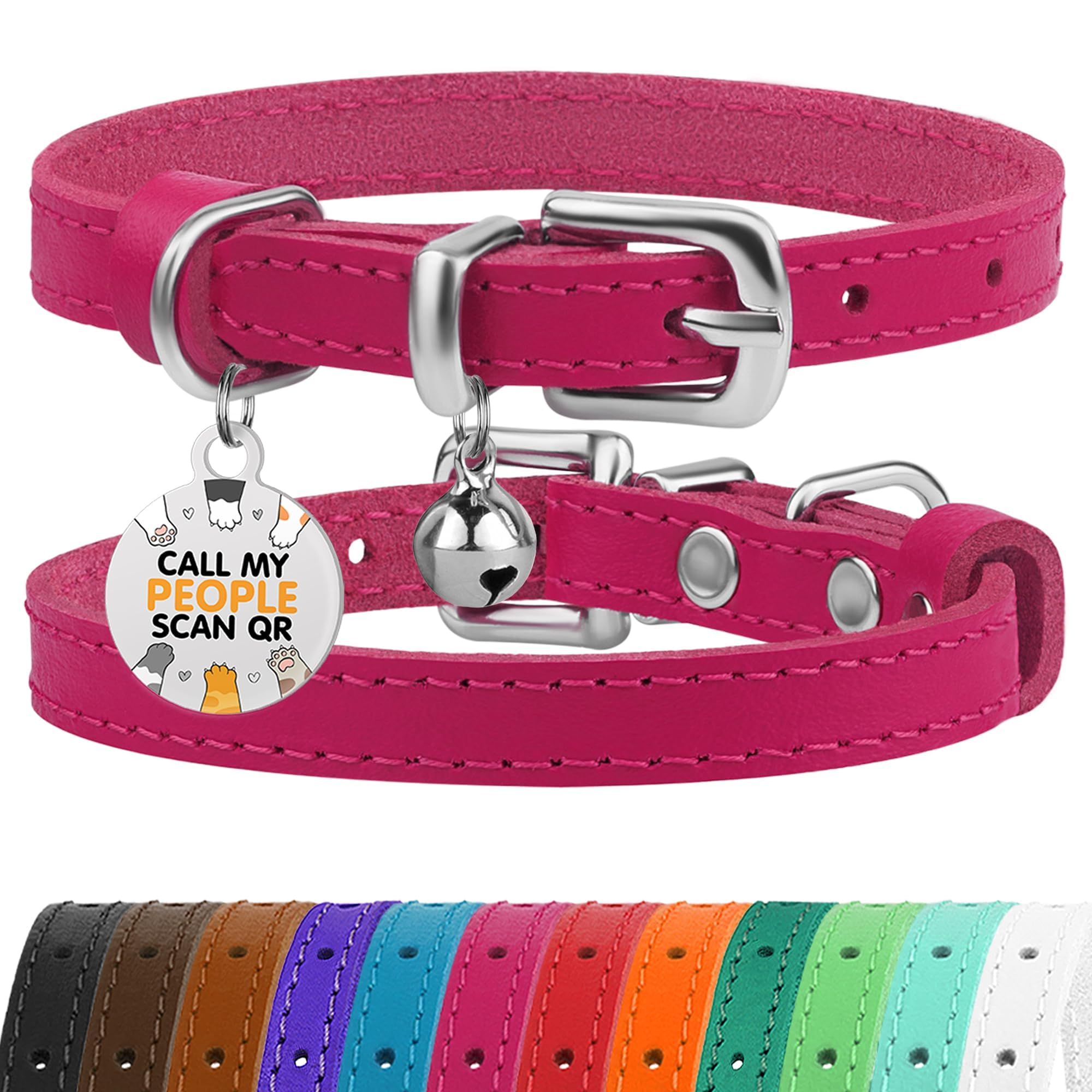 Bronzedog Leather Cat Collar With Removable Bells Non Breakaway Kitten Qr Tag For Girl Boy (7' - 9' For Cats, Pink & Silver)