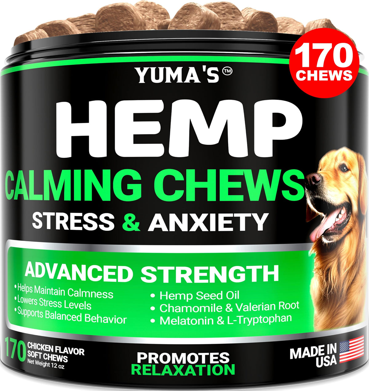 Yuma'S Hemp Calming Chews For Dogs - Advanced Dog Calming Chews - 170 Chews - Anxiety Relief Treats - Separation Aid, Barking, Stress Relief, Thunderstorms - Melatonin - Hemp Oil - Made In Usa