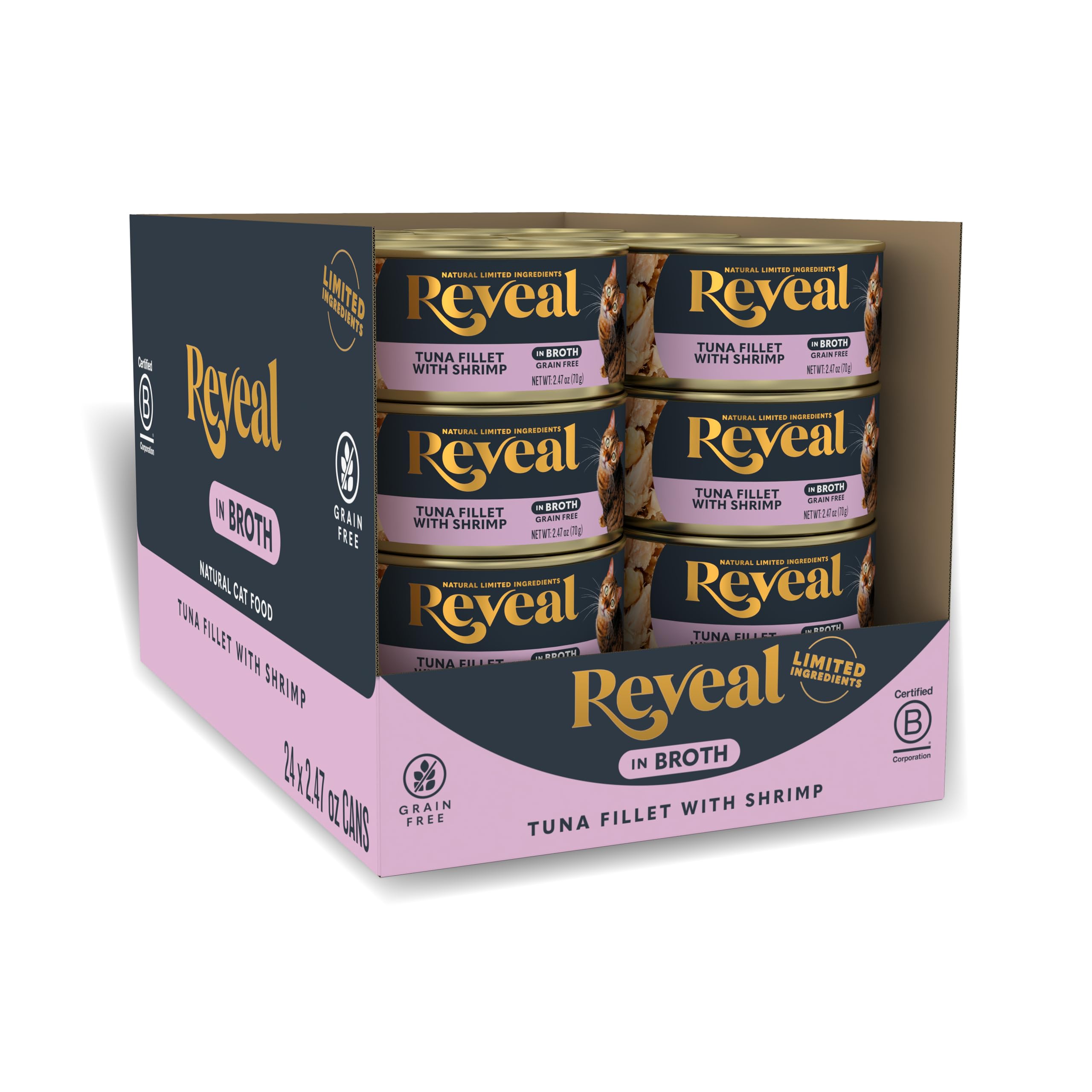 Reveal Natural Wet Cat Food, 24 Count, Grain Free, Limited Ingredient Canned Food for Cats, Tuna Fillet with Shrimp in Broth, 2.