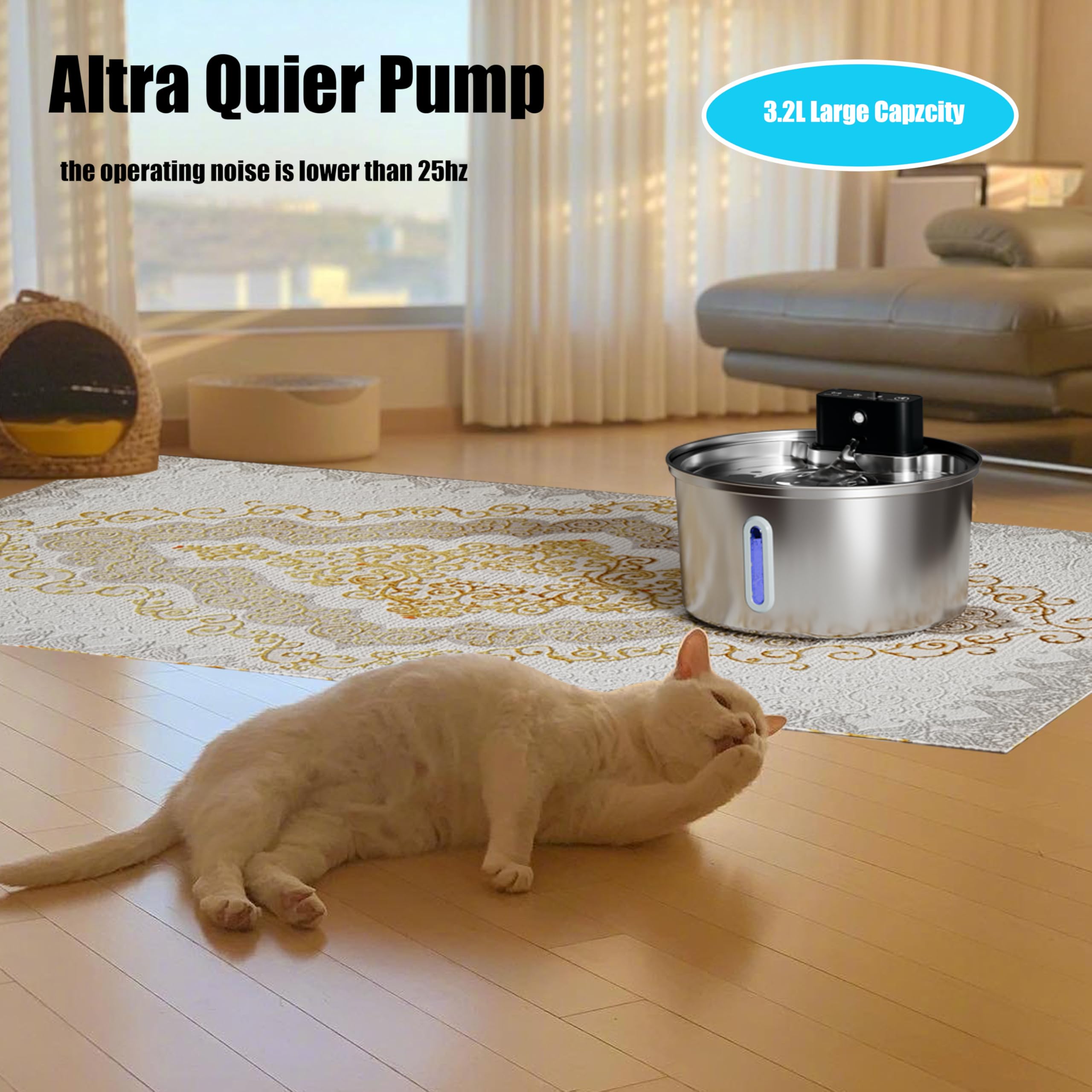 Wireless Cat Water Fountain,Stainless Steel Pet Fountain Battery Operated,3.2L Cordless Automatic Dog Water Dispenser, Quiet Ind