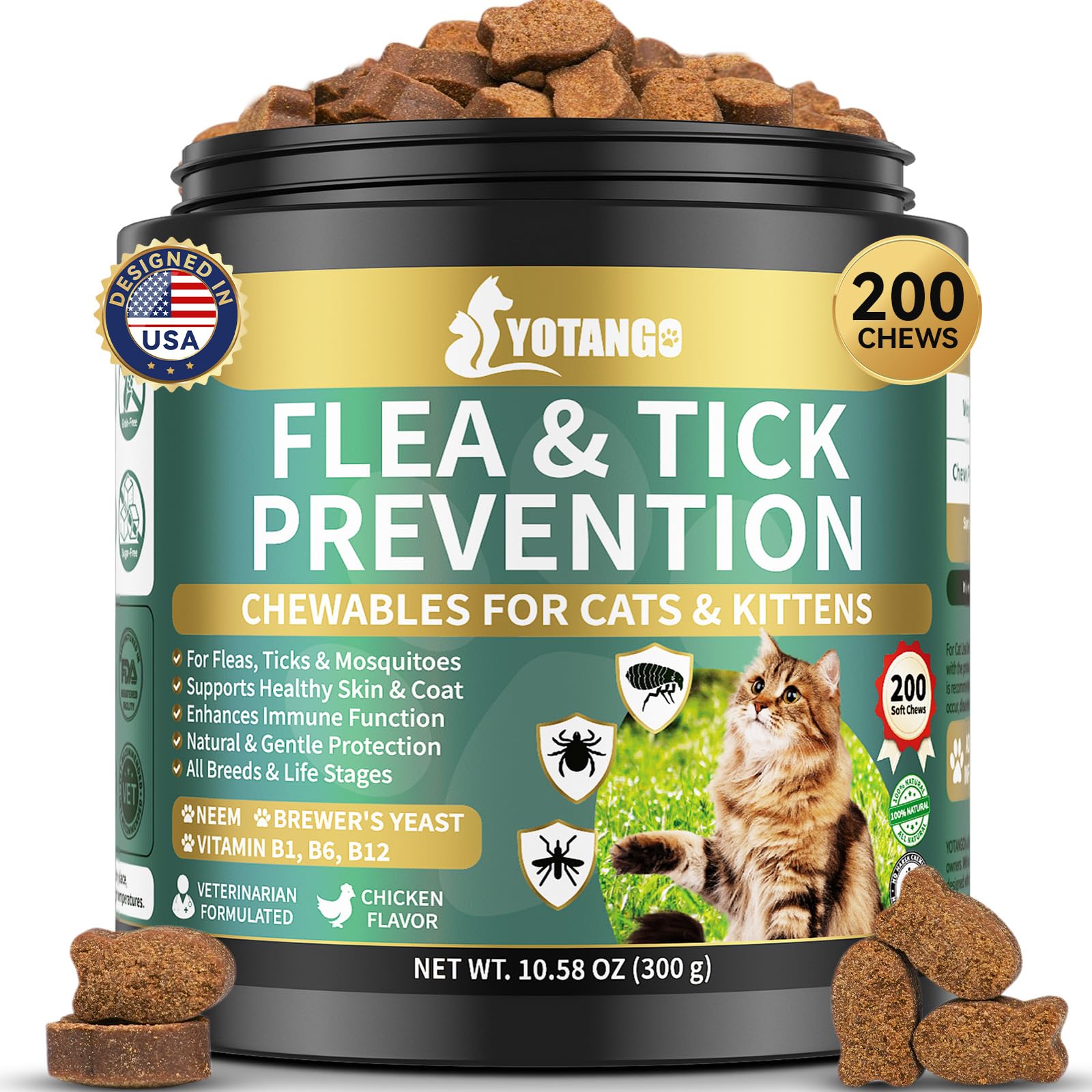 Natural Flea Treatment for Cats Chewables, 200 Soft Treats Flea and Tick Prevention for Cats, Oral Flea Supplement for Kitten Ca