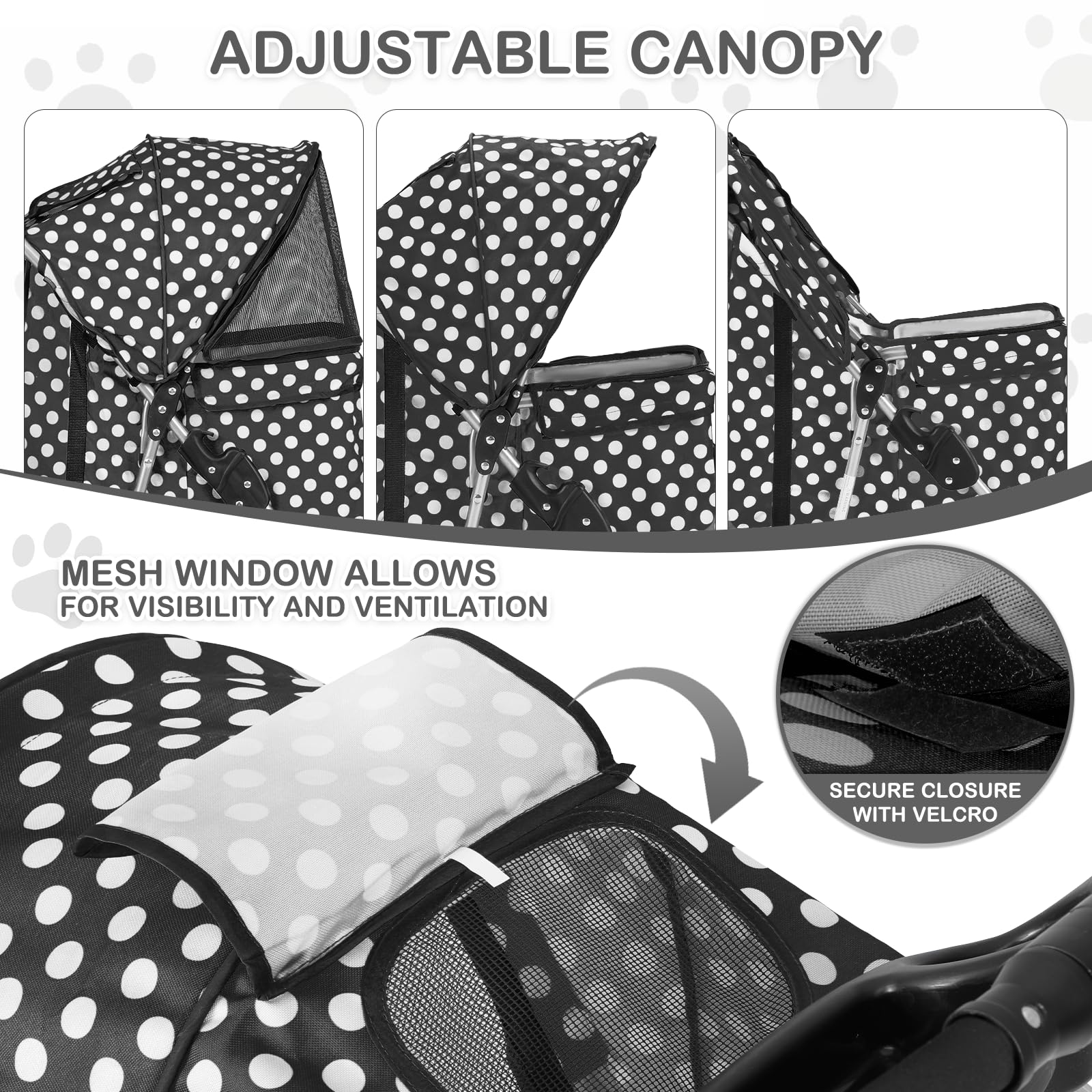 Monibloom 3 Wheels Pet Dog Cat Stroller For Small Medium Dogs Cats, Foldable Jogger Stroller W/Storage Basket And Cup Holder, Black Polka Dots