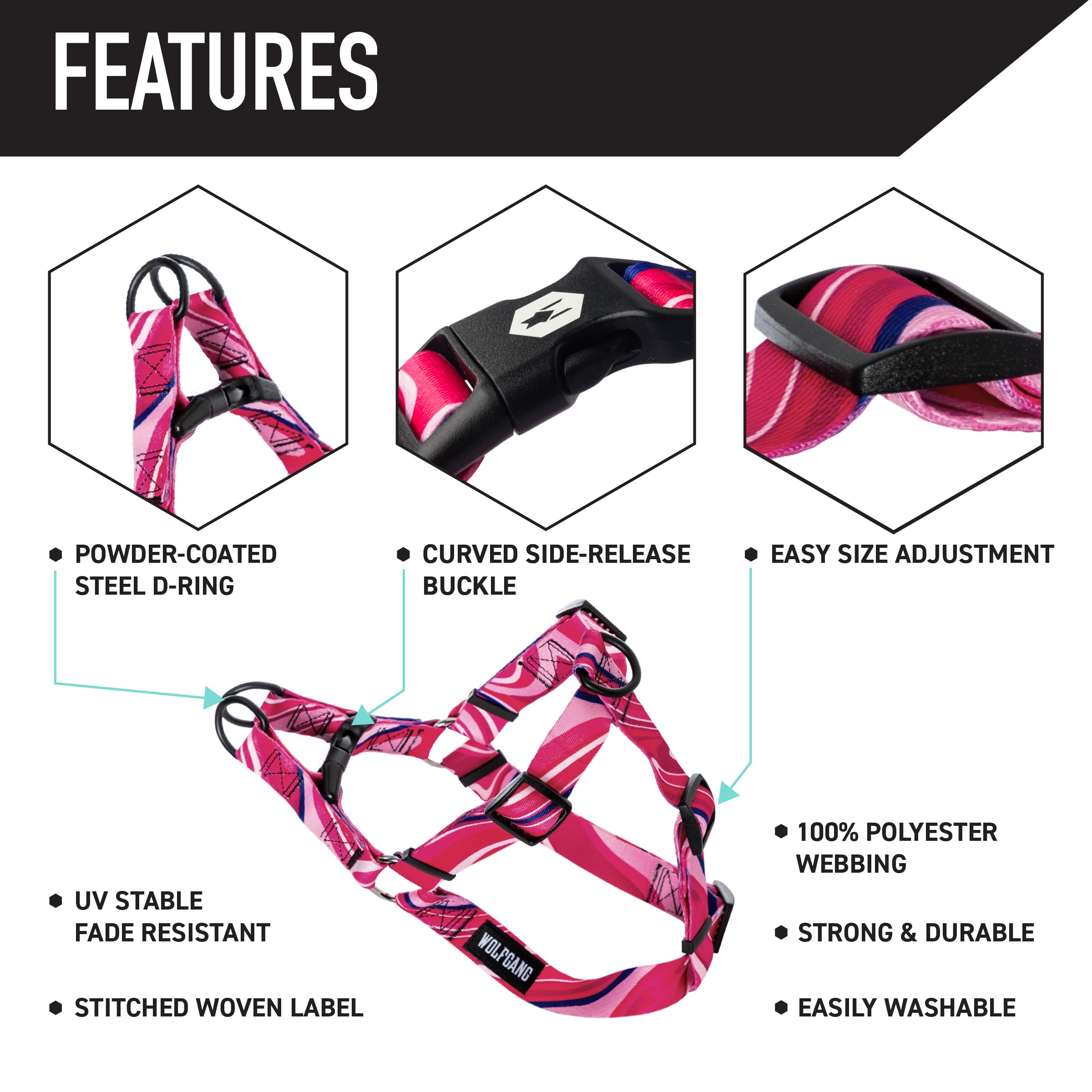 Wolfgang Heavy Duty Adjustable Dog Harness, Pull-Tested for Walking & Training, MarbleSwirl Print, Medium