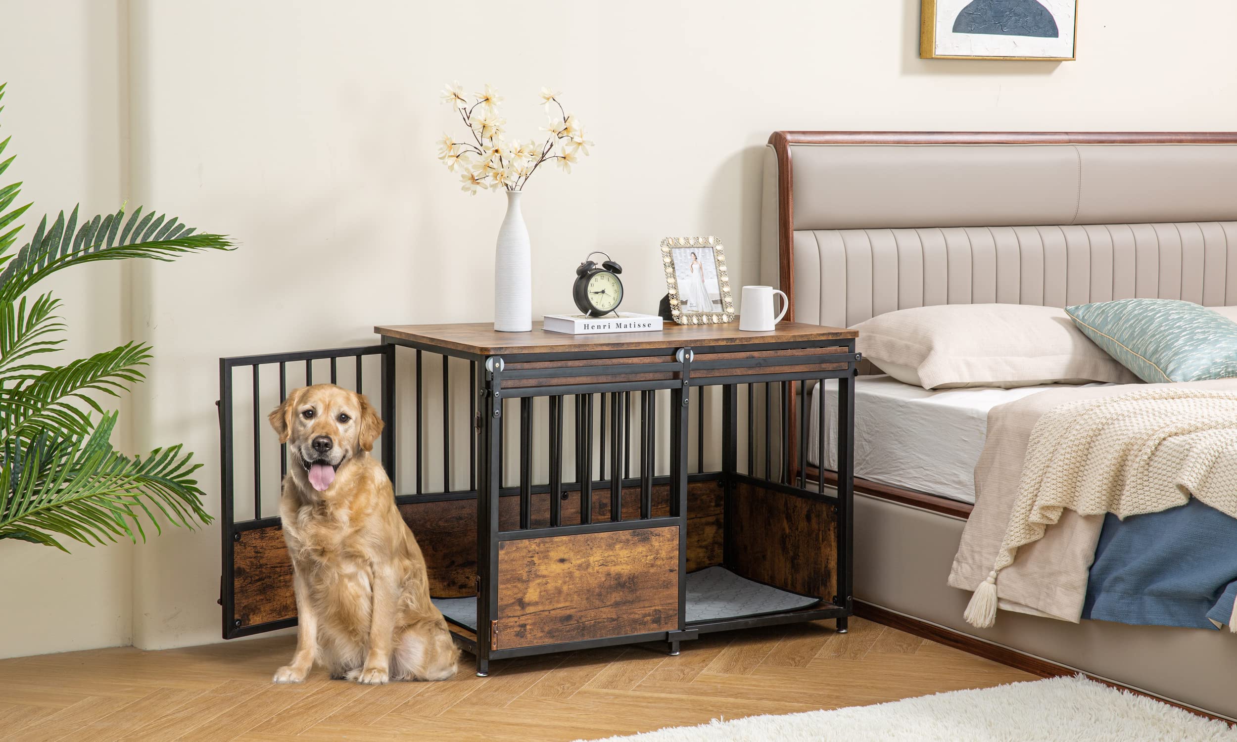 KOOPRO Dog Crate Furniture with Cushion, 40" Wooden Kennel, Rustic Brown, Double Doors, Heavy Duty, Model KO220801-0000-01