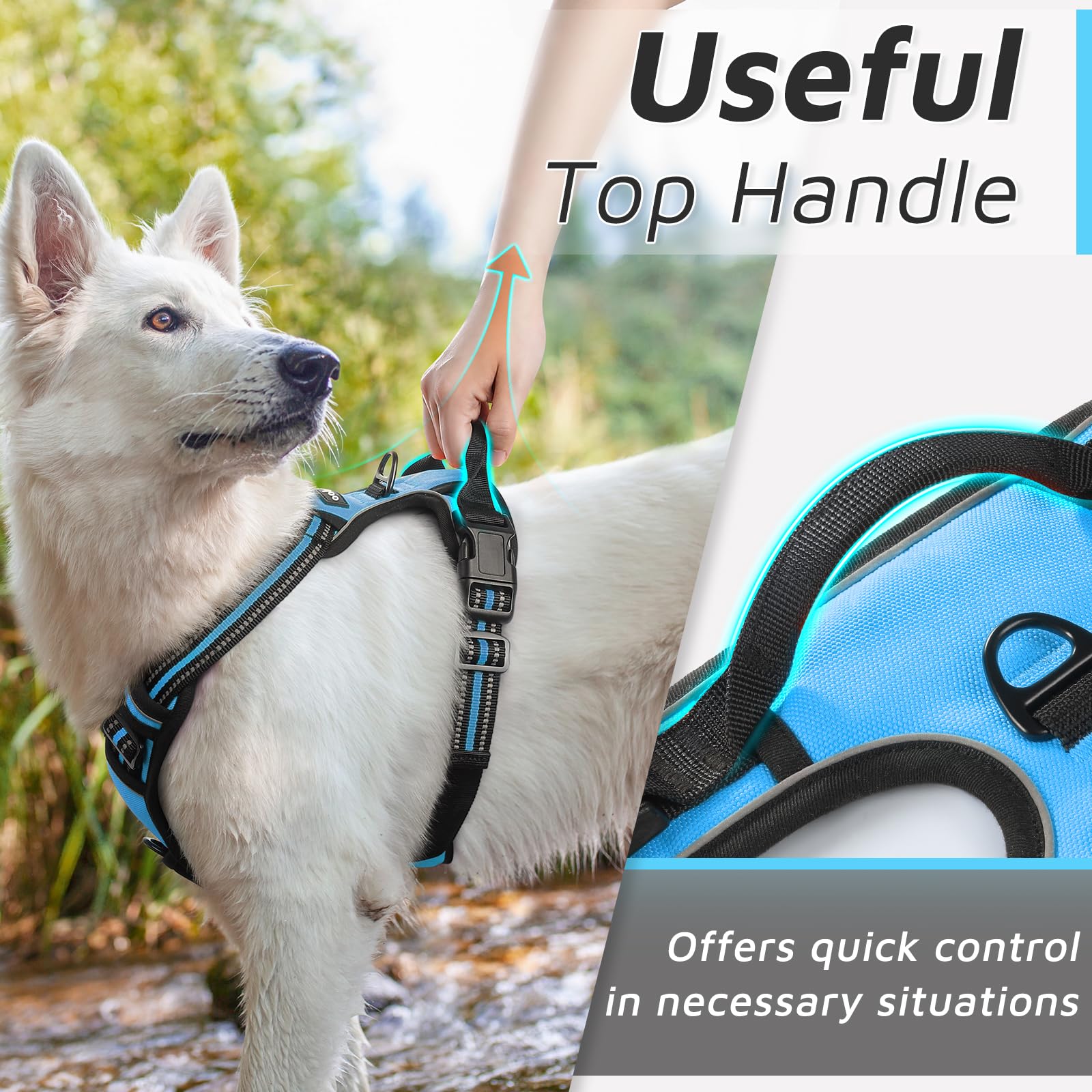 Eagloo Dog Harness Small Sized Dog, No Pull Service Vest With Reflective Strips And Control Handle, Adjustable And Comfortable For Easy Walking, No Choke Pet Harness With 2 Metal Rings, Sky Blue, S