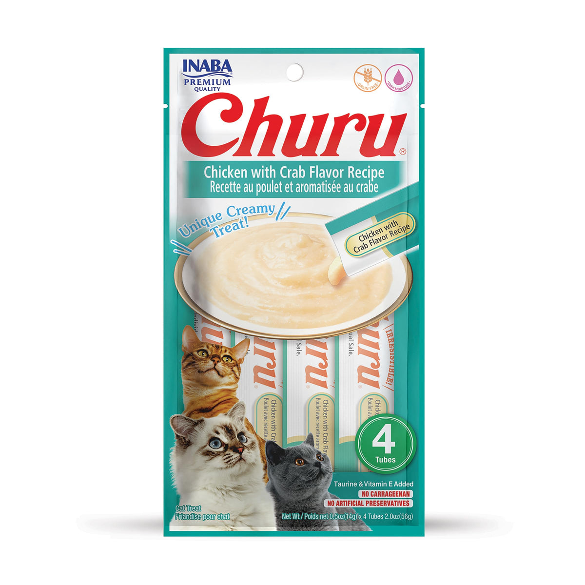 Inaba Churu Cat Treats, Grain-Free, Lickable, Squeezable Creamy Purée Cat Treat/Topper With Vitamin E & Taurine, 0.5 Ounces Each Tube, 4 Tubes, Chicken With Crab Recipe