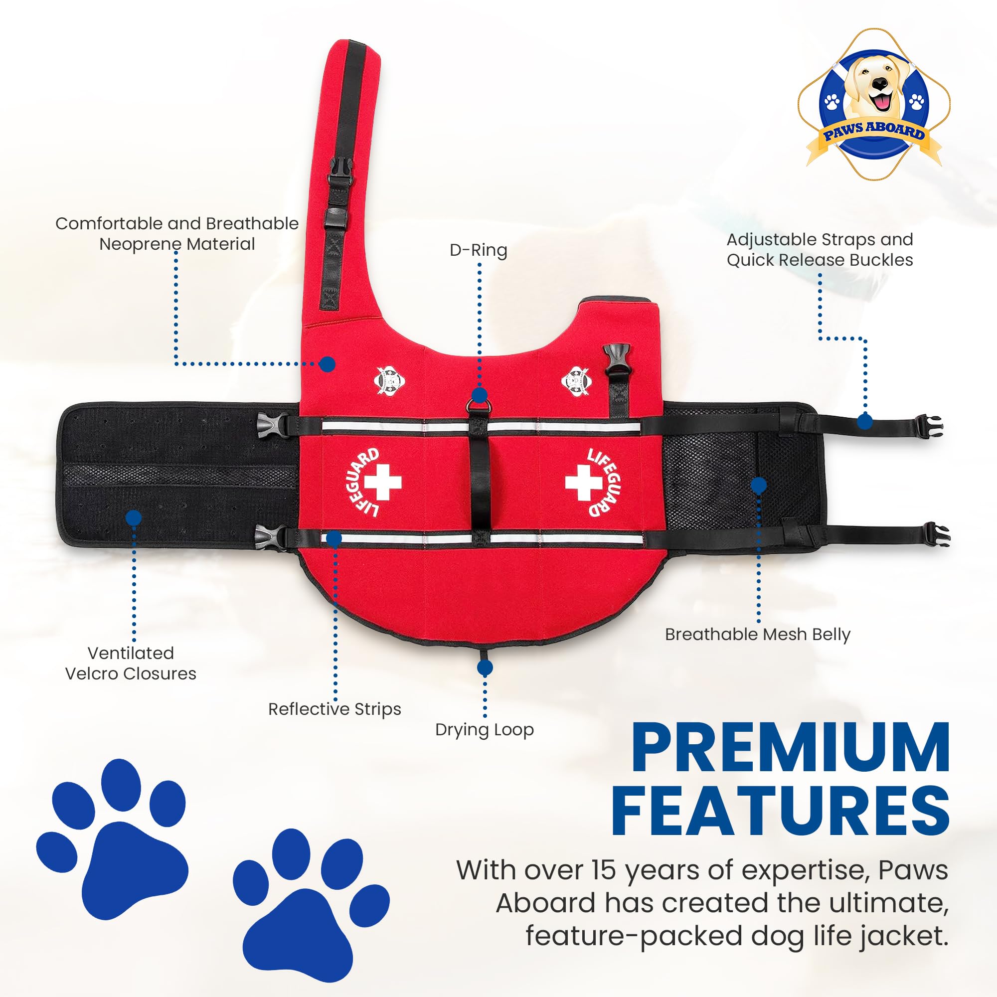Paws Aboard Dog Life Jacket - Keep Your Canine Safe with a Neoprene Life Vest for Swimming and Boating, Color and Design to Choose - Red, X-Small