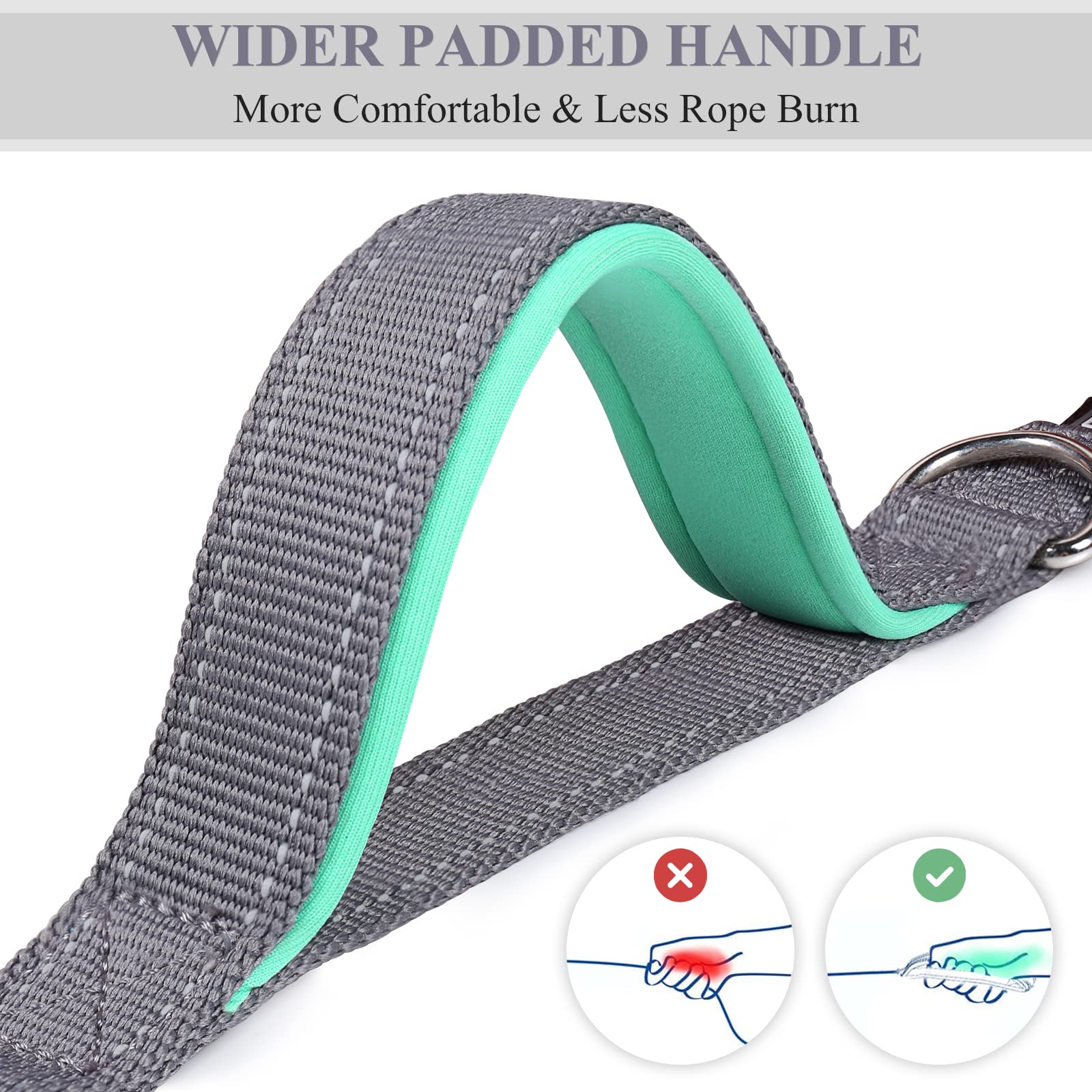 Vivaglory Hands Free Dog Leash With Shock-Absorbing Bungee For Medium & Large Dogs, Reflective Adjustable Waist Leash With Dual Padded Handle For Walking, Jogging, Running, Hiking, Grey-Turquoise