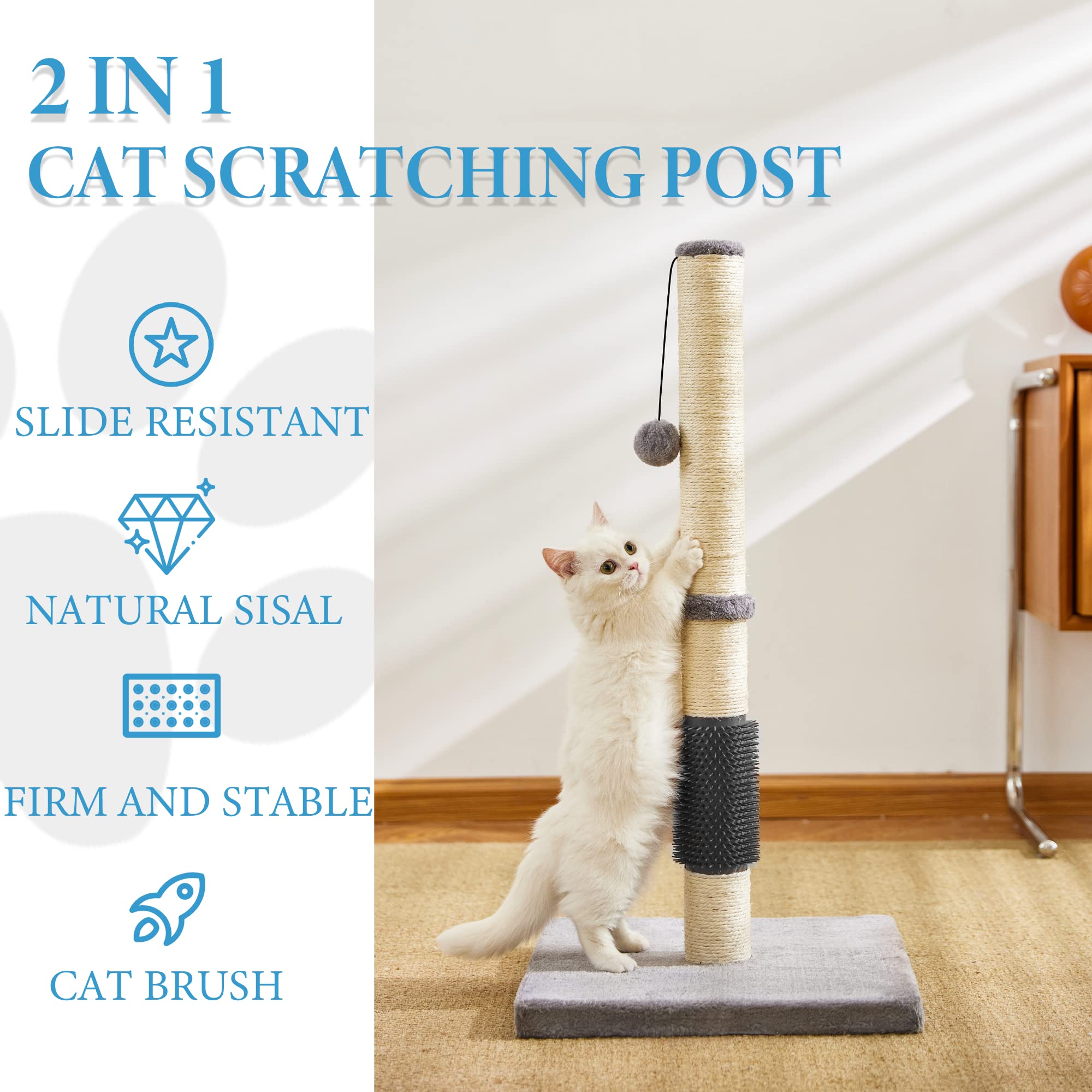 MeowHomm 32  Cat Scratching Post with Self Groomer Cat Brush, Sisal Rope Tall Cat Scratching Post with Soft Hanging Ball for Ind