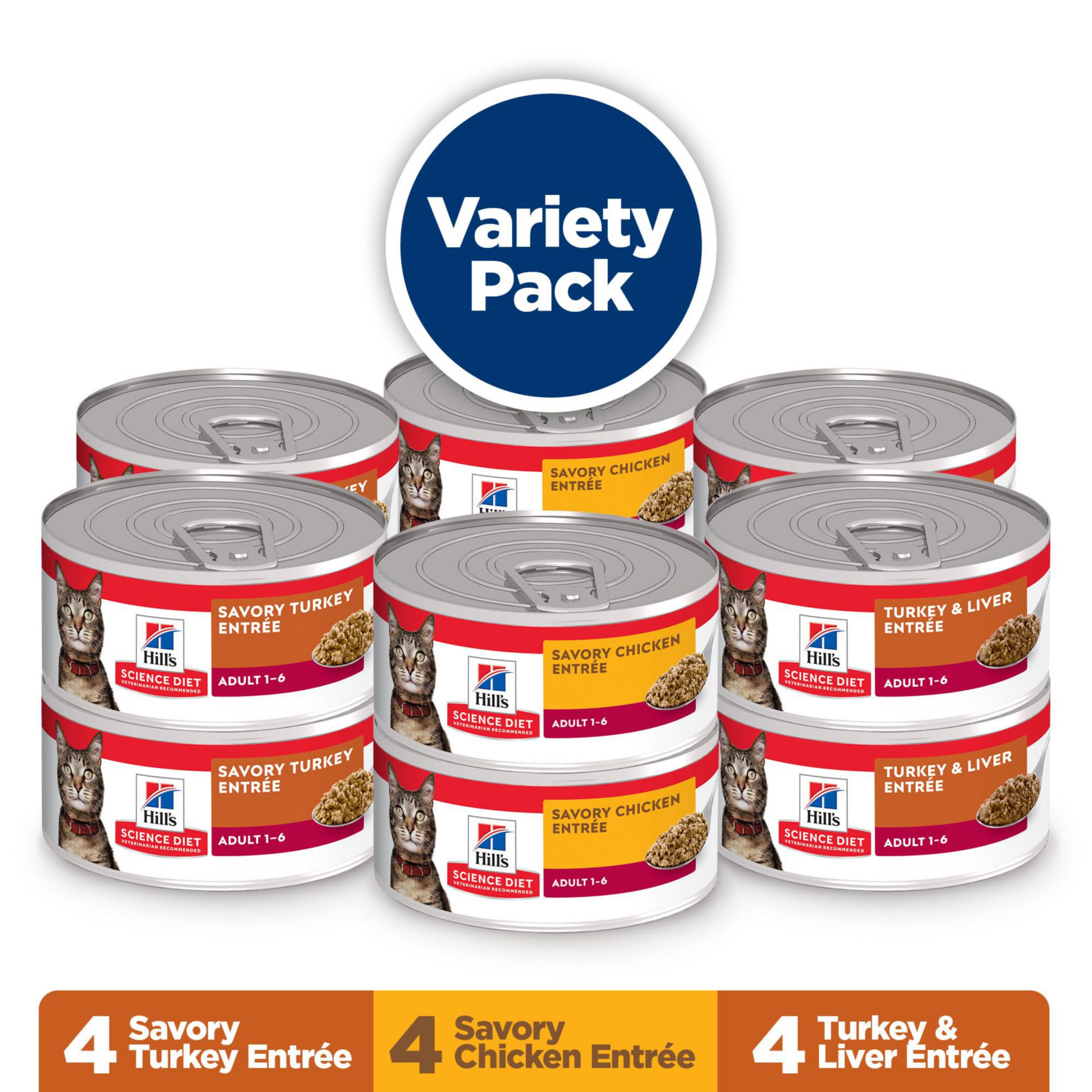 Hills Science Diet Adult 1-6, Adult 1-6 Premium Nutrition, Wet Cat Food, Variety Pack: Turkey; Chicken; Turkey & Liver Minced,