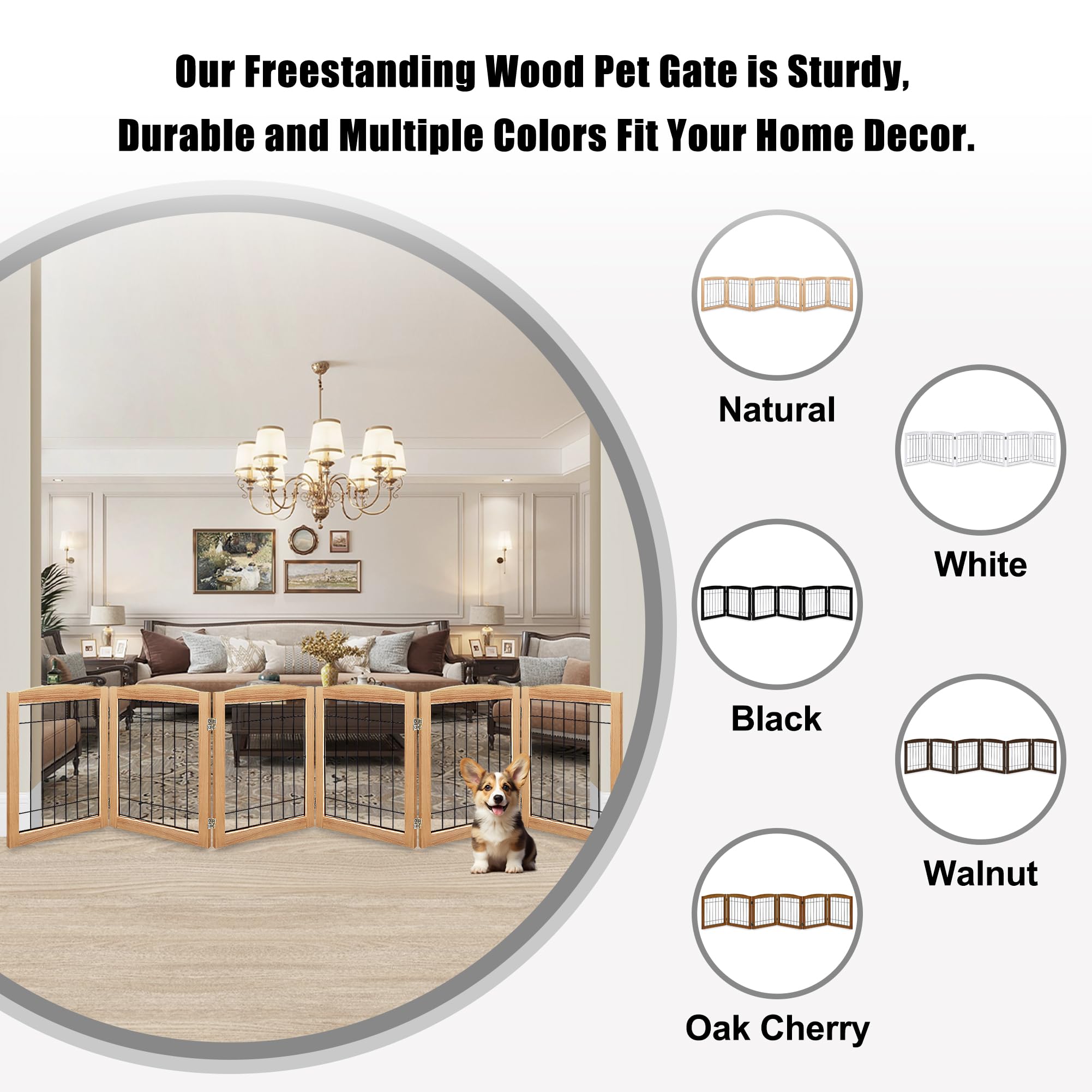 LZRS 6-Panel Extra-Wide Wooden Freestanding Dog Gate: Foldable Solid Wood and Steel Wire Chew Resistant Safety Barrier for Doorw
