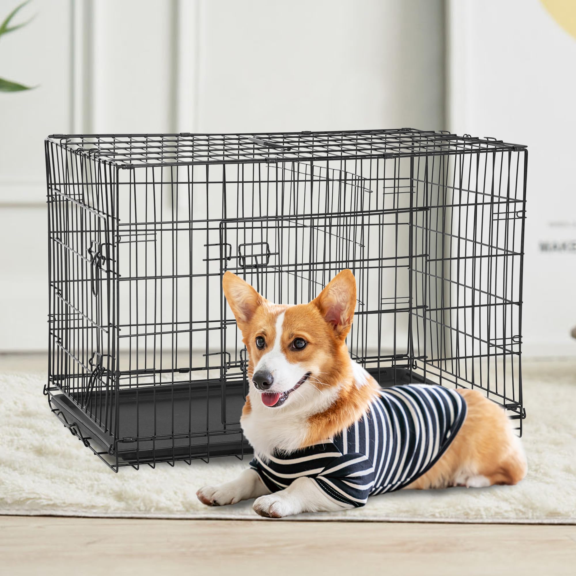 FDW XL Dog Crate Dog Kennel Cage with Double Door,42 inch Folding Metal Wire Dog Cage with Removable Tray&Divider Panel,Pet Crat