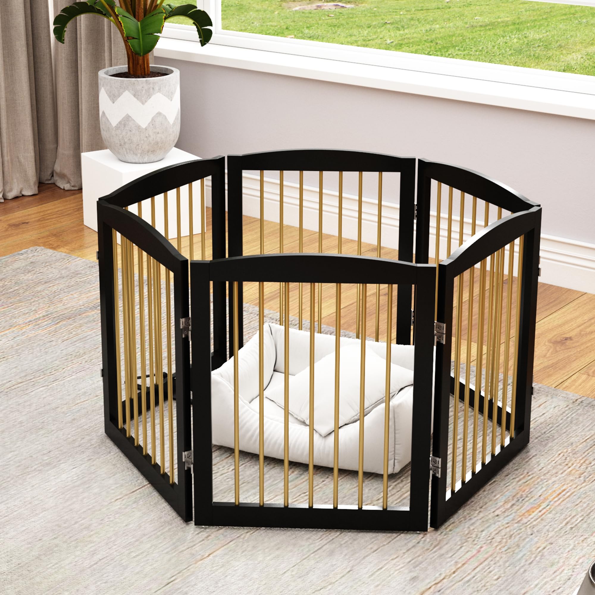 PUPETPO Freestanding Pet Gate for Dogs, Foldable Wooden Dog Gate for House, Extra Wide Indoor Pet Barrier for Stair, Doorway, Ha