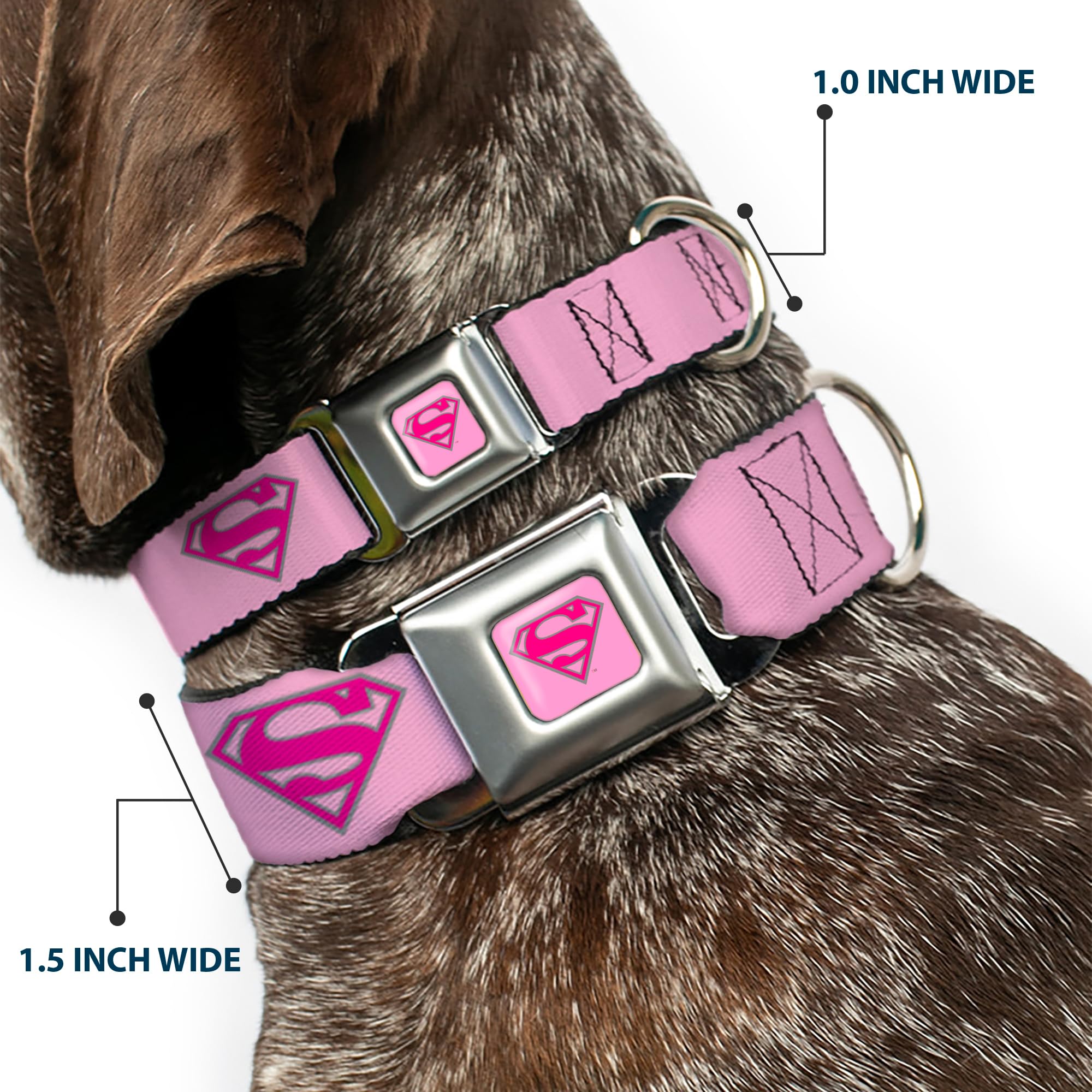 Buckle-Down Dog Collar Seatbelt Buckle Superman Shield Pink, Multi Color, 1.5' Wide - Fits 13-18' Neck - Small (Dc-Wsm006-Ws)