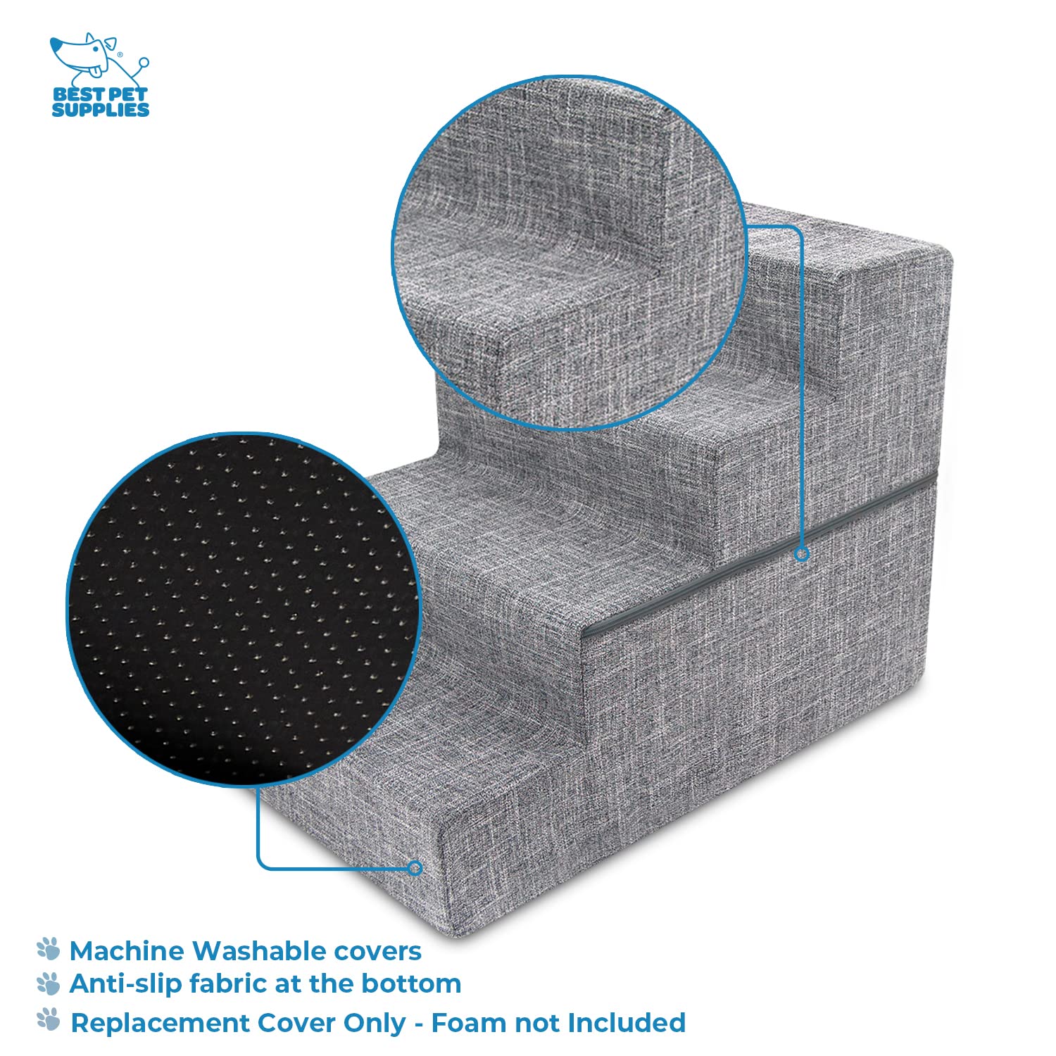 Best Pet Supplies 4-Step Foldable Pet Stairs Cover - Non-Slip Plush Fabric, Gray Linen, Provides Traction & Stability for Dogs