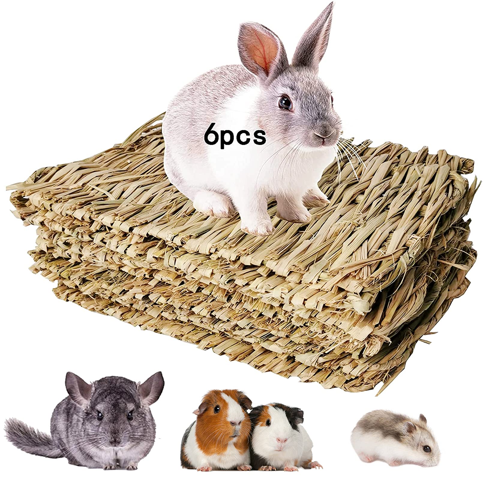 Hamiledyi Bunny Grass Mat Natural Woven Hamster Grass Bed Nest Small Animal Handmade Bedding Hay Mat Chewing Play Toy For Guinea Pig Chinchilla Rabbit Squirrel Hedgehog(6 Pack)
