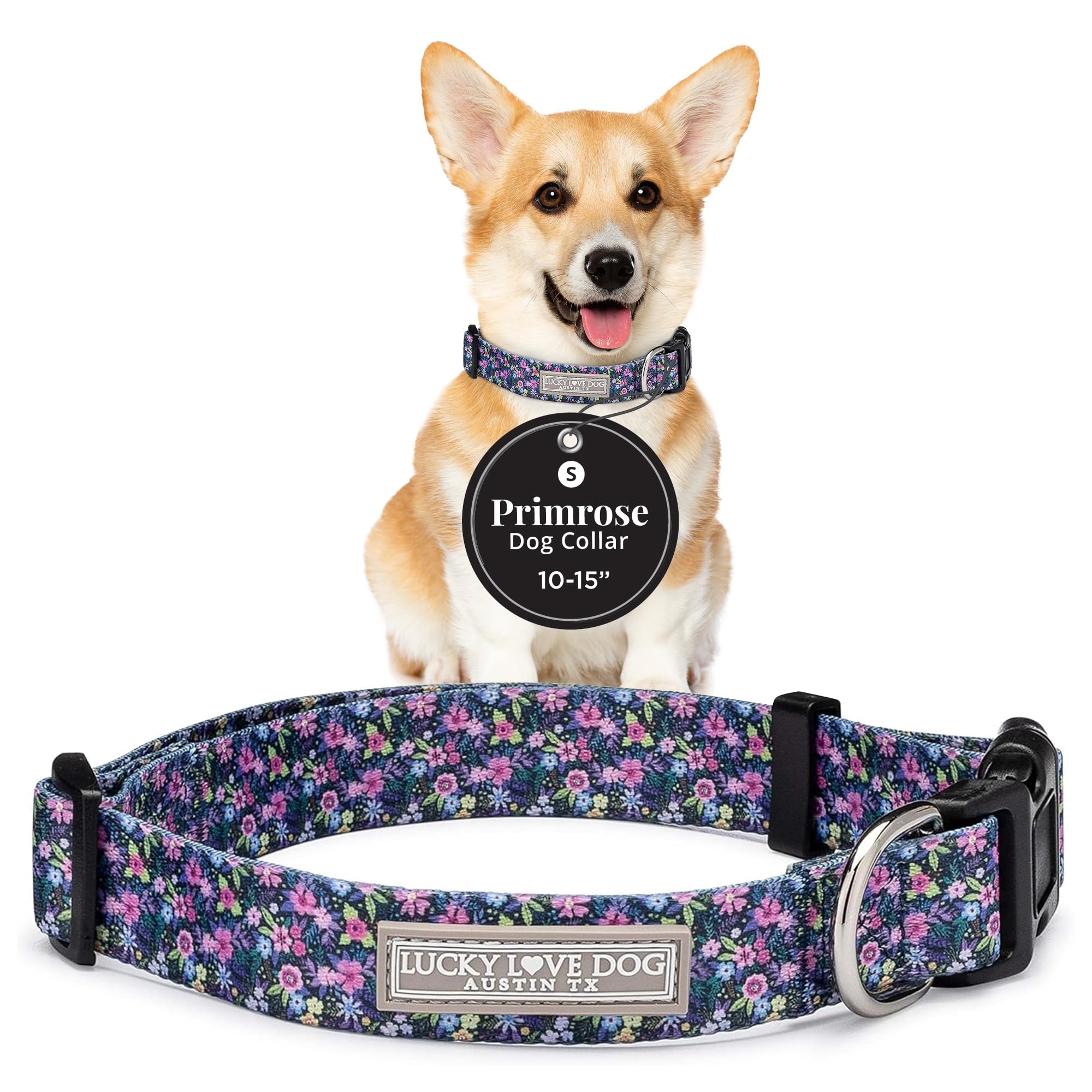 Lucky Love Dog, Comfortable, Soft, Cute Female Dog Collar For Small Dogs, Black & Purple Floral Print, Adjustable Nylon Collar, Primrose, Small