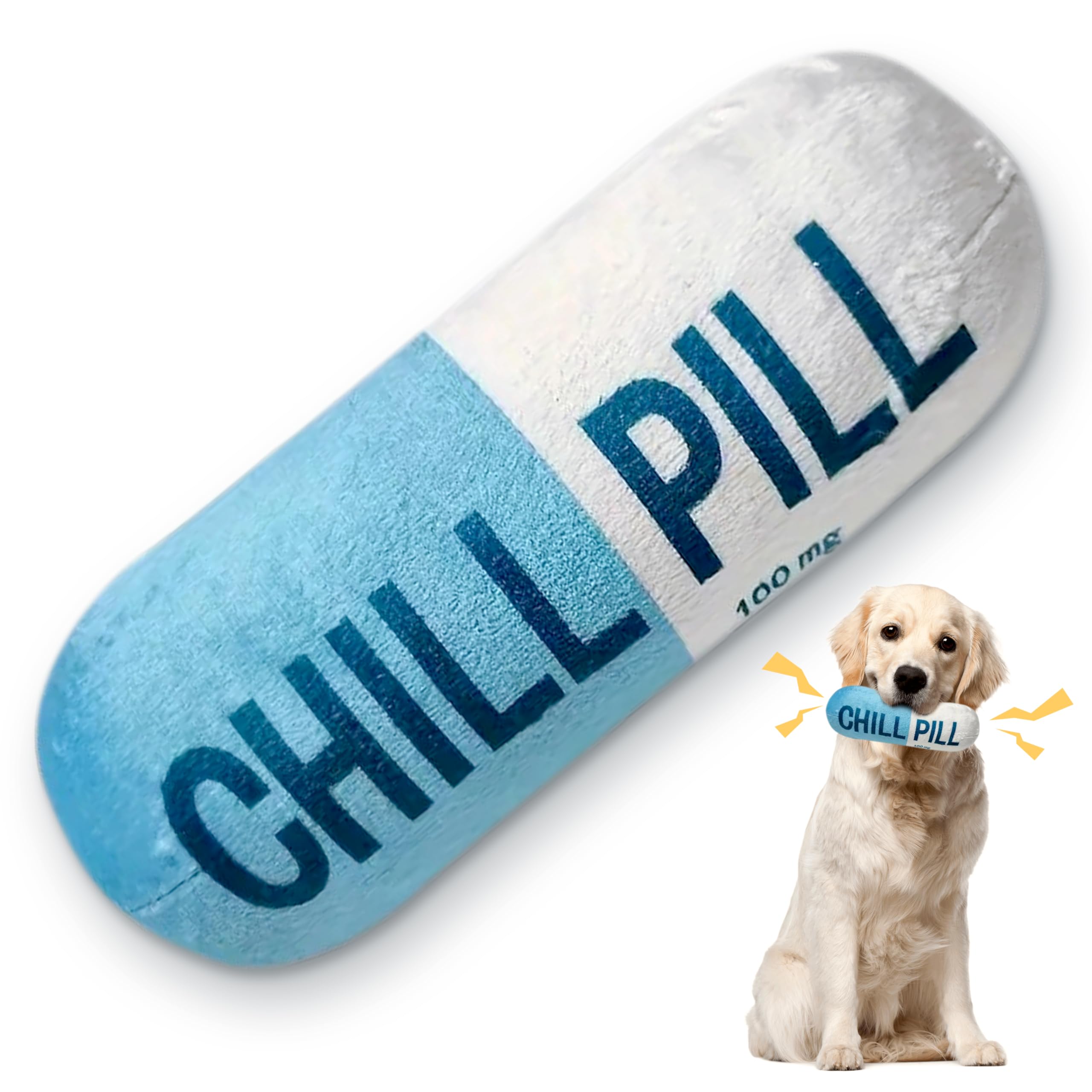 Cuweipeng Squeaky Dog Chew Toy - Blue Chill Pill Capsule Teething Funny Small Dog Squeaky Soft Plush Pet Toy Bite Kick Indoor In