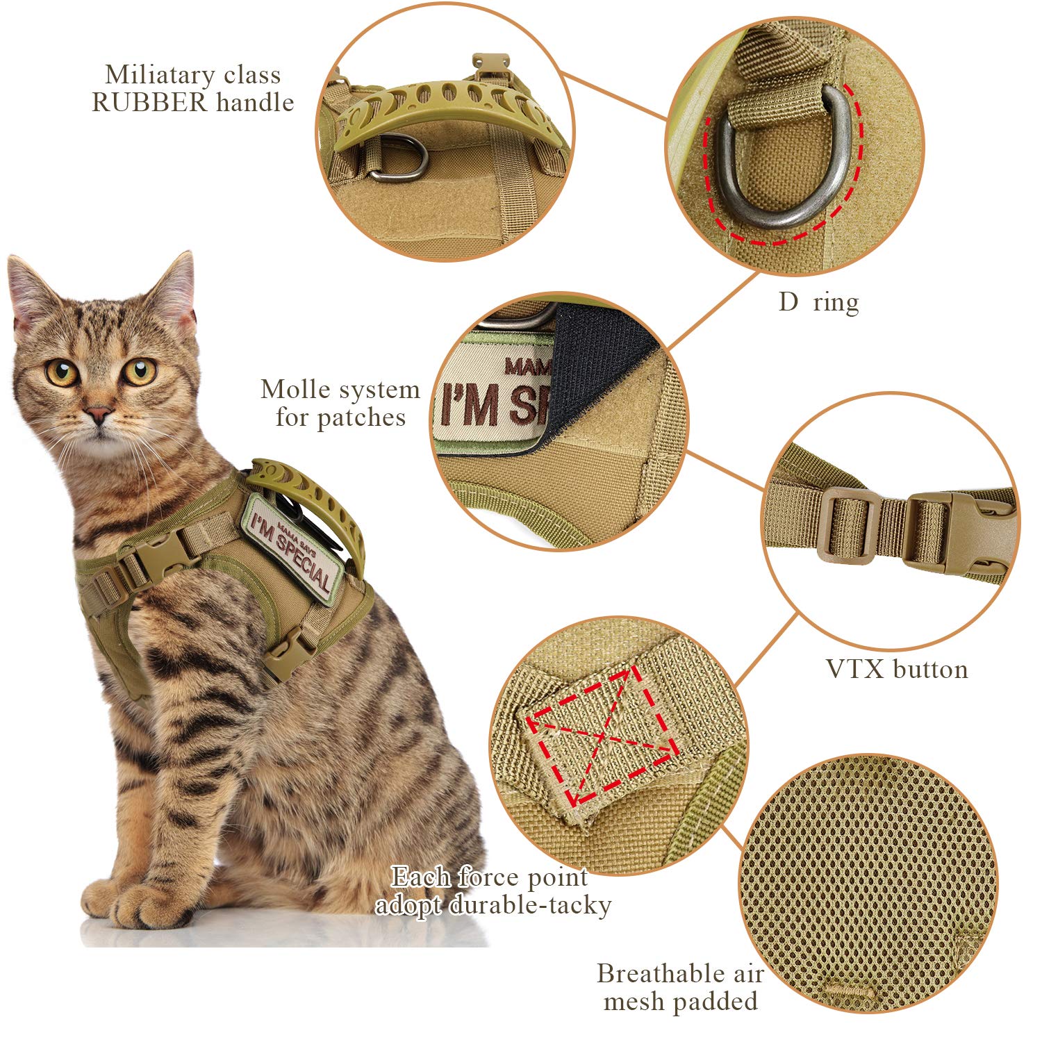 Tactical Cat Harness For Walking Escape Proof, Soft Mesh Adjustable Pet Vest Harness For Large Cat,Small Dog