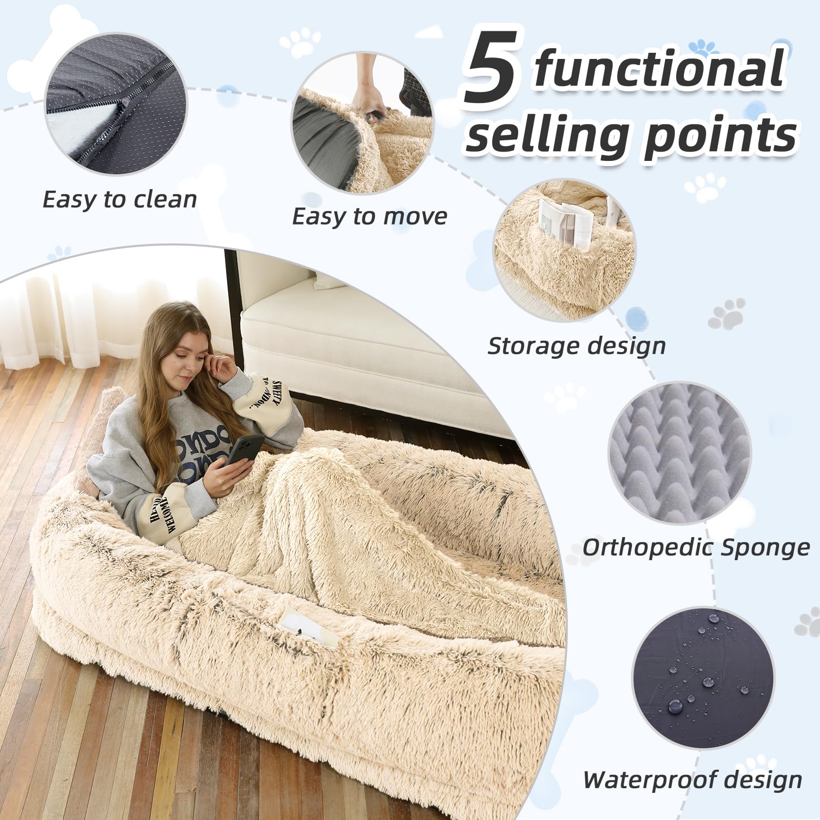 Human & Pet Bed, 71''X45''X12'' Fits All, Washable Faux Fur Orthopedic Dog & Human Bed, Plump Pillow, Blanket, Strap - Beige
