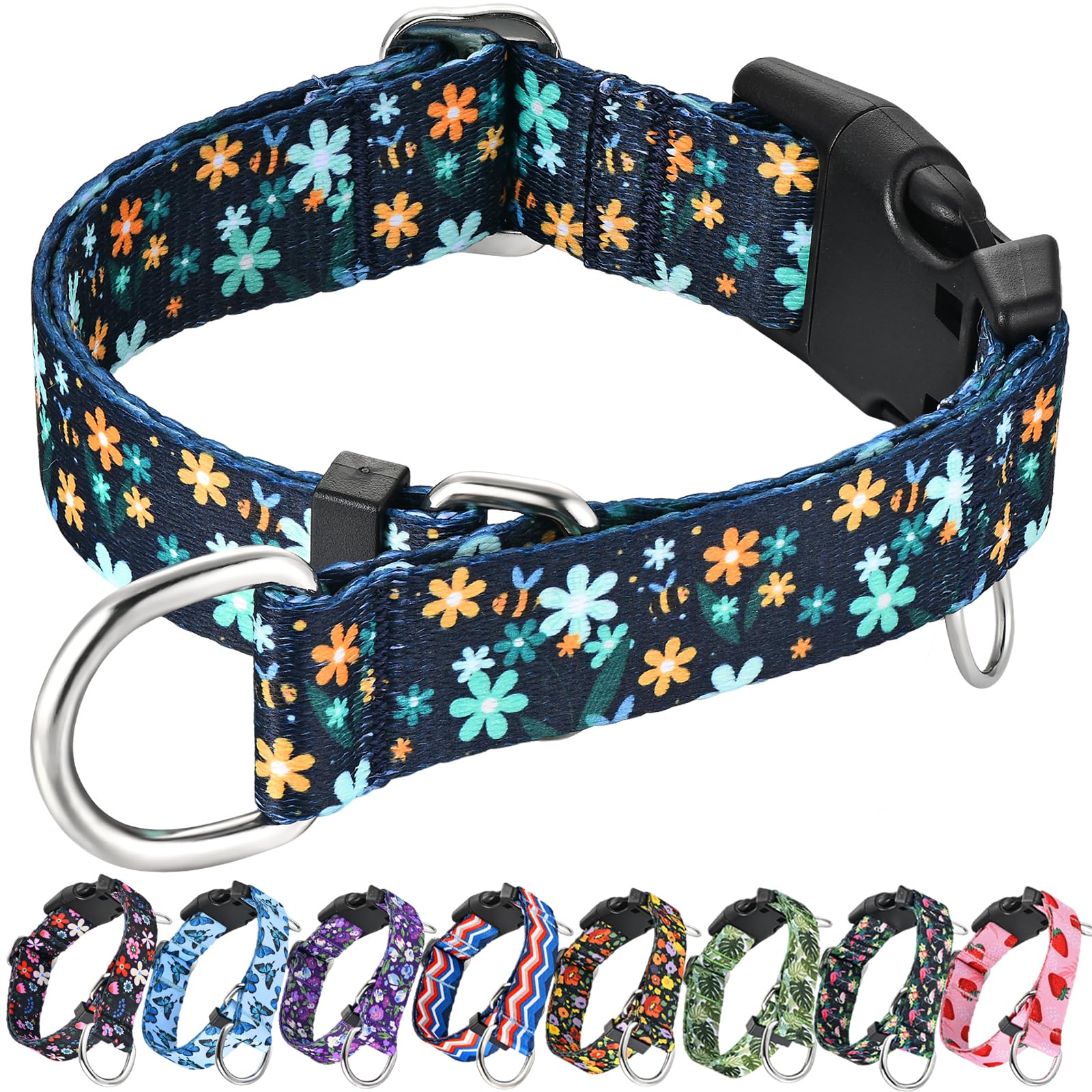Fidohug Martingale Collar For Dogs With Buckle Adjustable Nylon Limited Slip Training Dog Collars (Green Flower, Large)