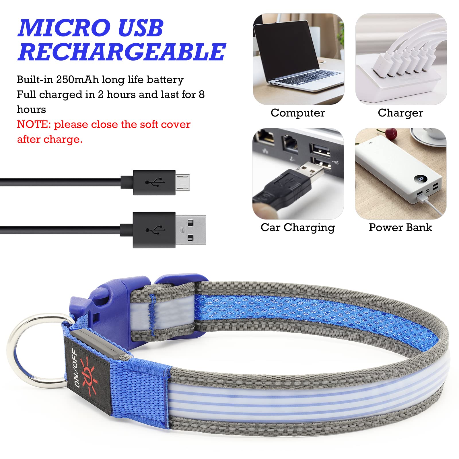 Yfbrite Full Adjustbale Led Dog Collar, Full Illuminated Light Up Dog Collars, Reflective Dog Collar Light Glowing In The Dark For All Dogs Safety (Medium, Blue-2)