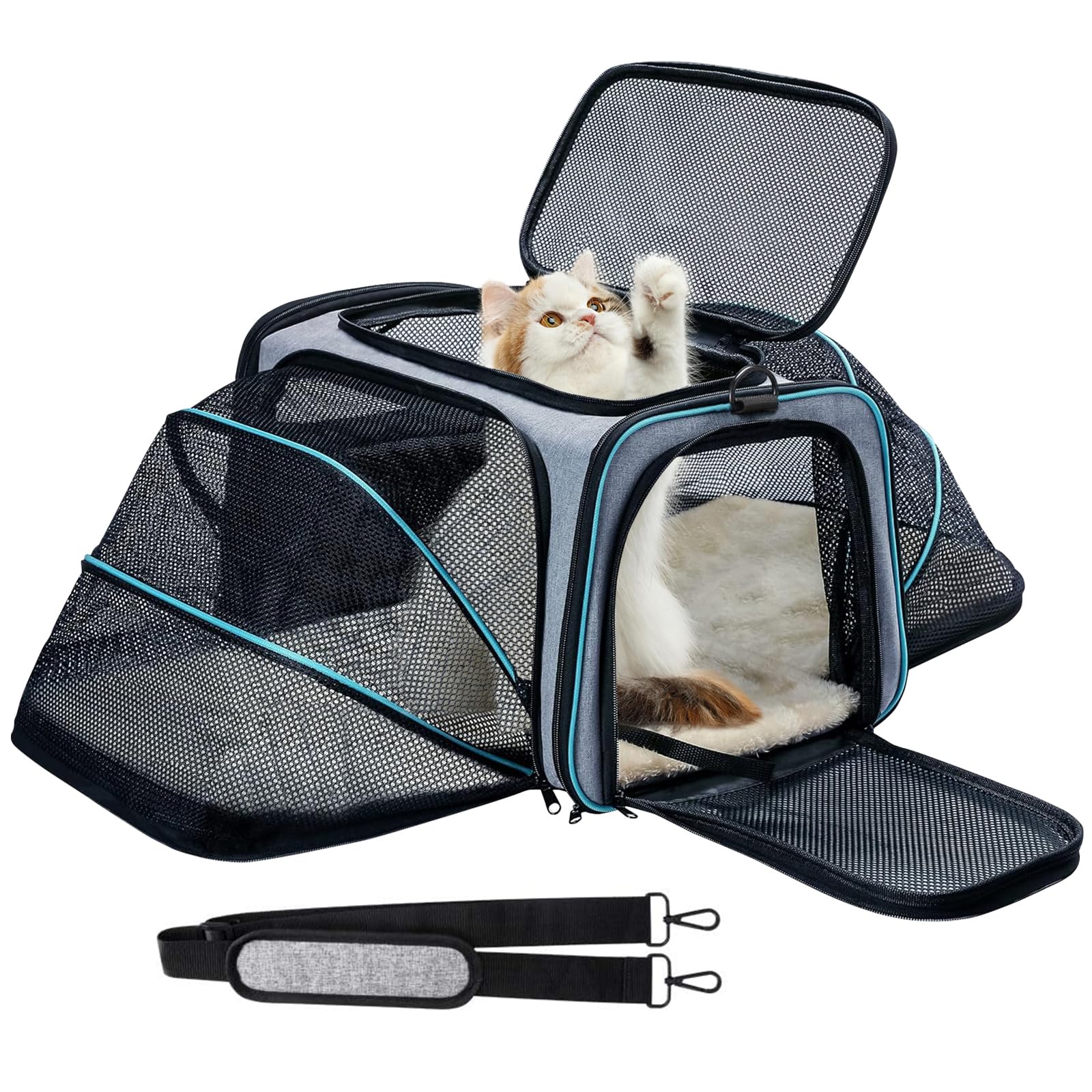 Pet Carrier Airline Approved, Expandable Foldable Soft-Sided Dog Carrier, 3 Open Doors, 2 Reflective Tapes, Pet Travel Bag Safe 