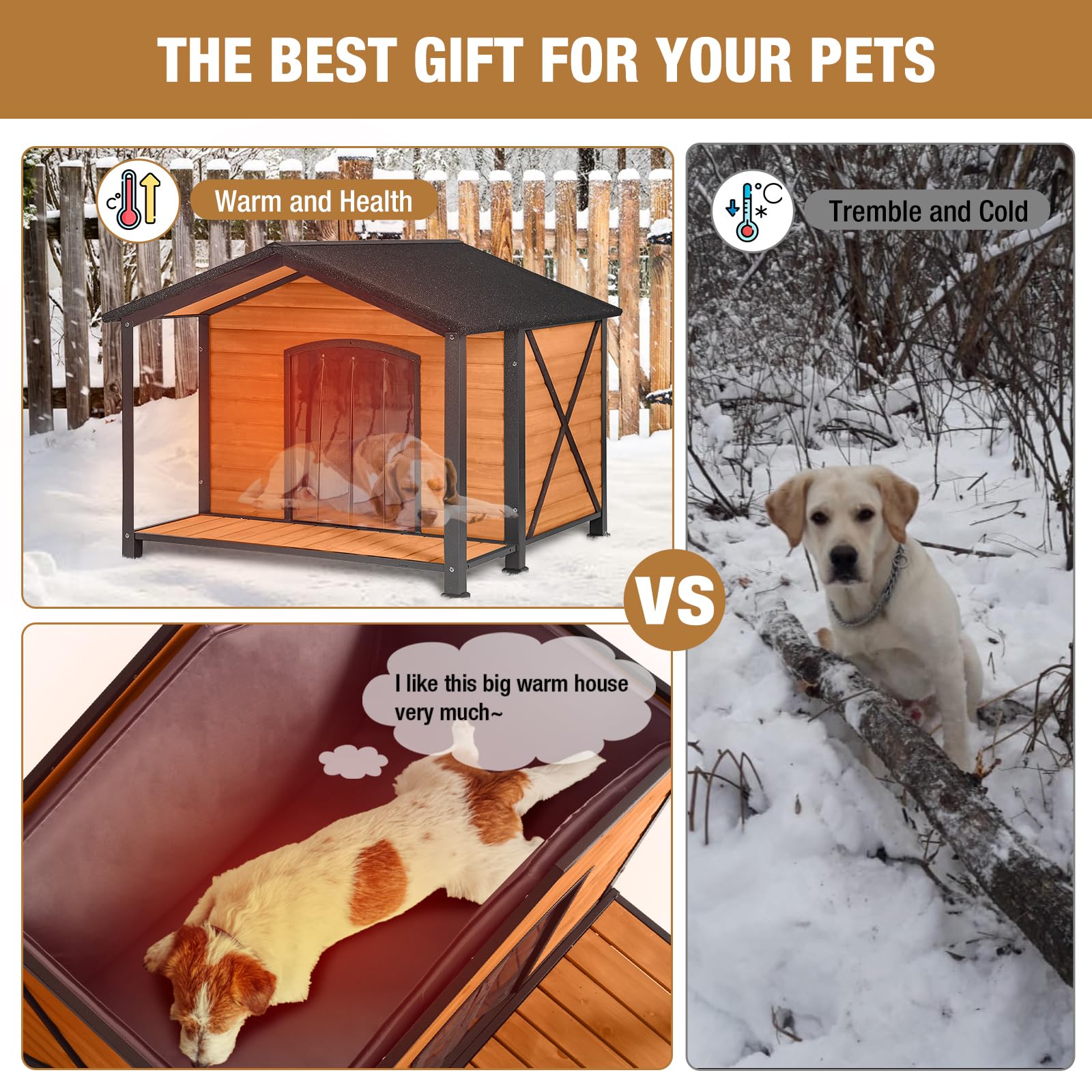 Outdoor Dog House Insulated Extra Large Dog Kennel With Liner For Winter, Heated Dog House 100% Insulated & All-Around Iron Fram