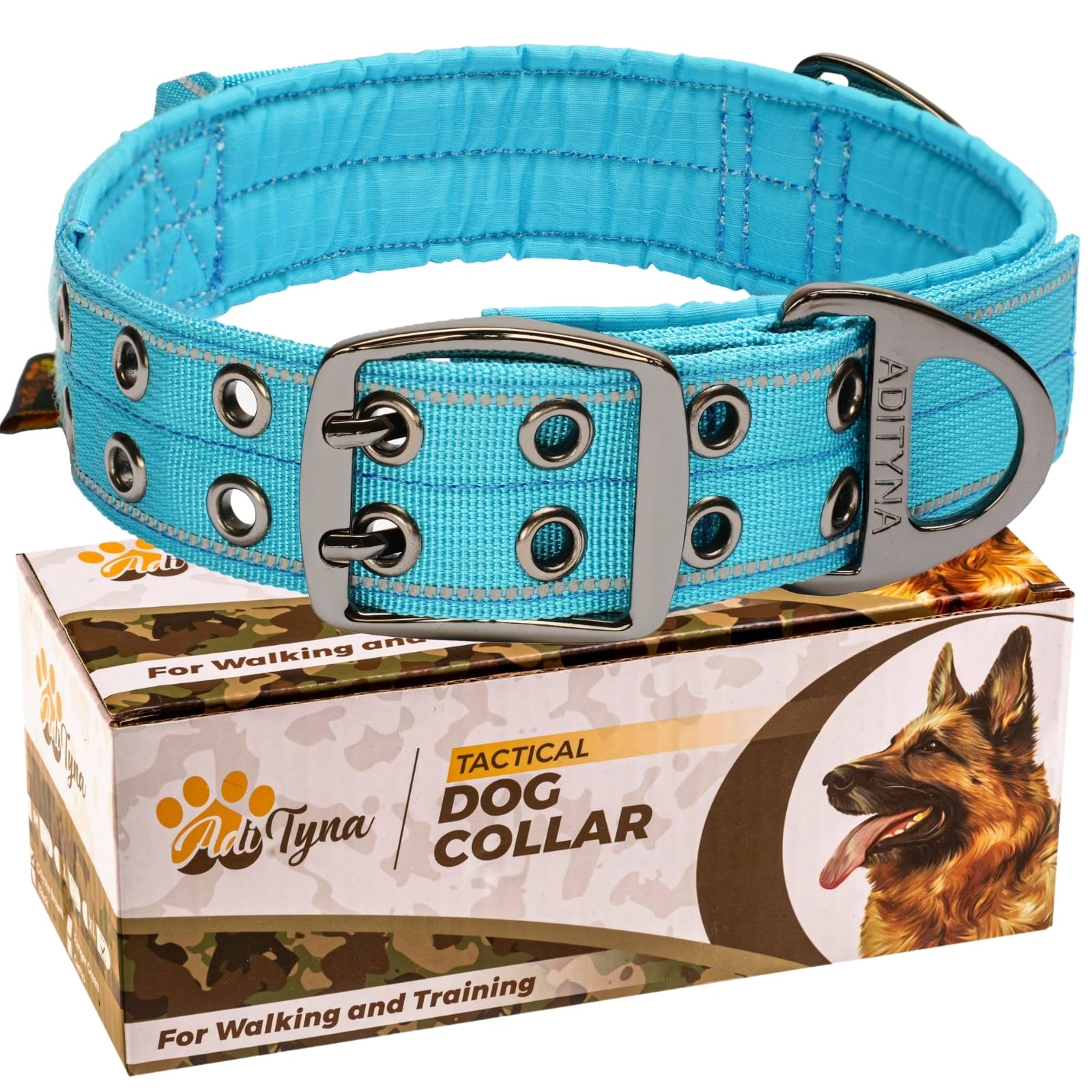 Adityna Heavy Duty Dog Collar For Extra-Large Dogs - Reflective Blue Collar With Handle For Training, And Walking - Wide, Thick,