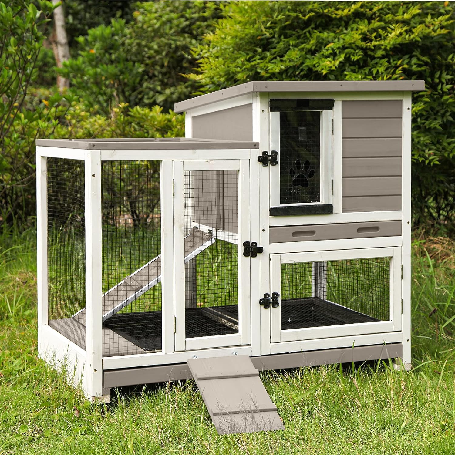 Aivituvin Large Rabbit Hutch With Removable Wire Netting, 2 Deep Trays, 4 Wheels, Sliding Door, And Extra Access Door - Mocca Co