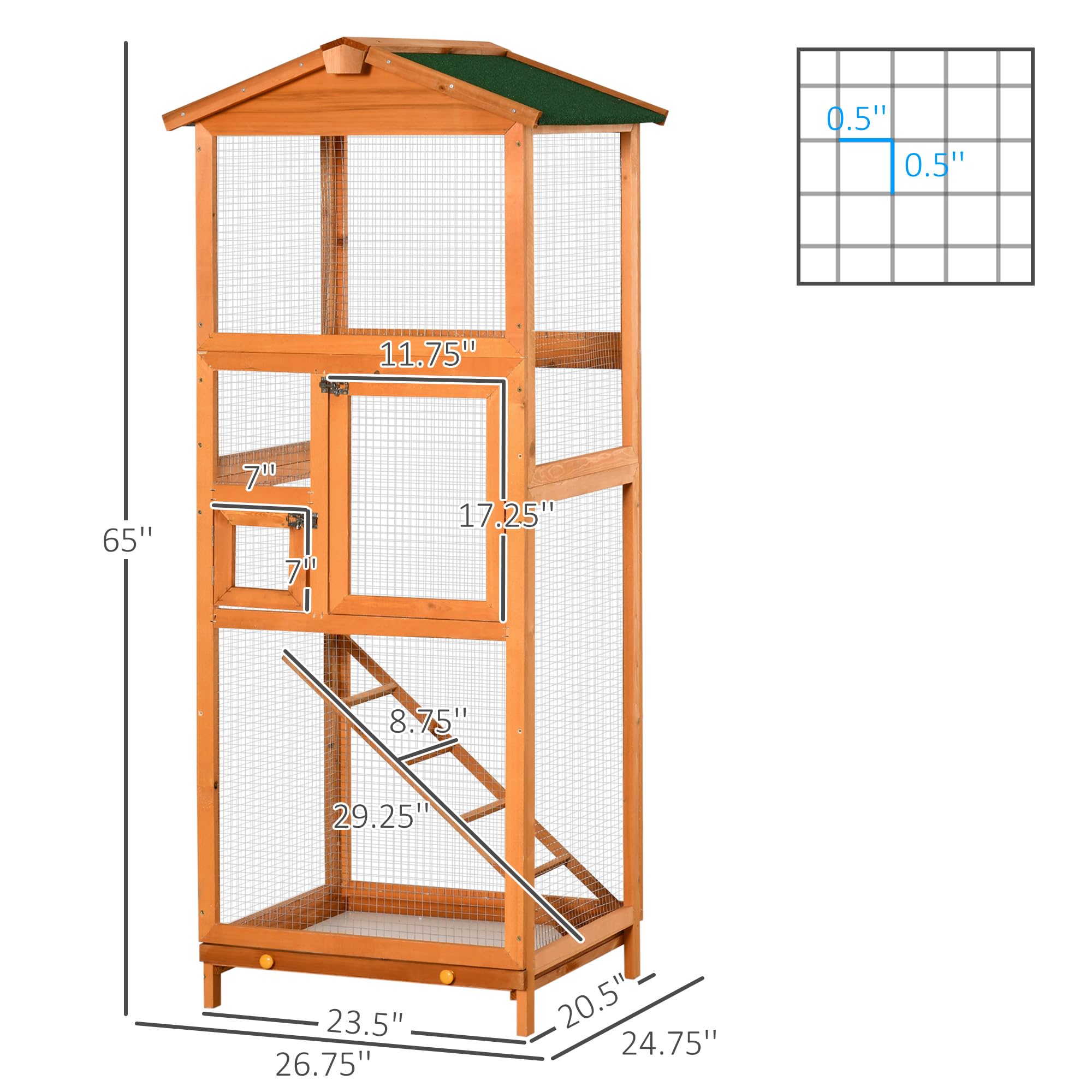 Pawhut 65'' Wooden Bird Cage Outdoor Aviary House For Parrot, Parakeet, With Pull Out Tray And 2 Doors, Natural