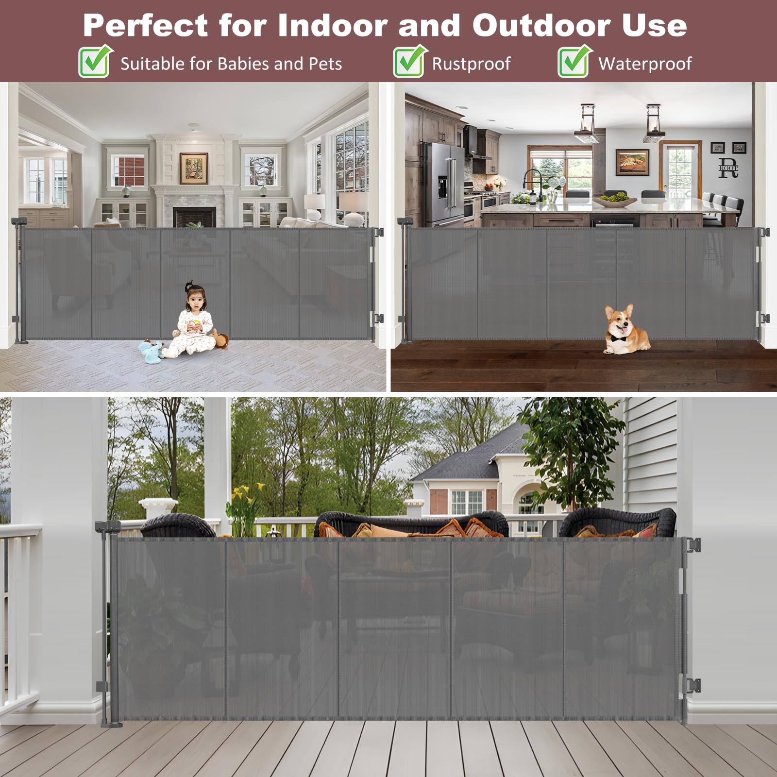 Reinforced 41'' Extra Tall Pet Gate 100'' Extra Wide Retractable Baby Gate with Support Rods, Indoor Large Baby Gate Mesh Dog Ga
