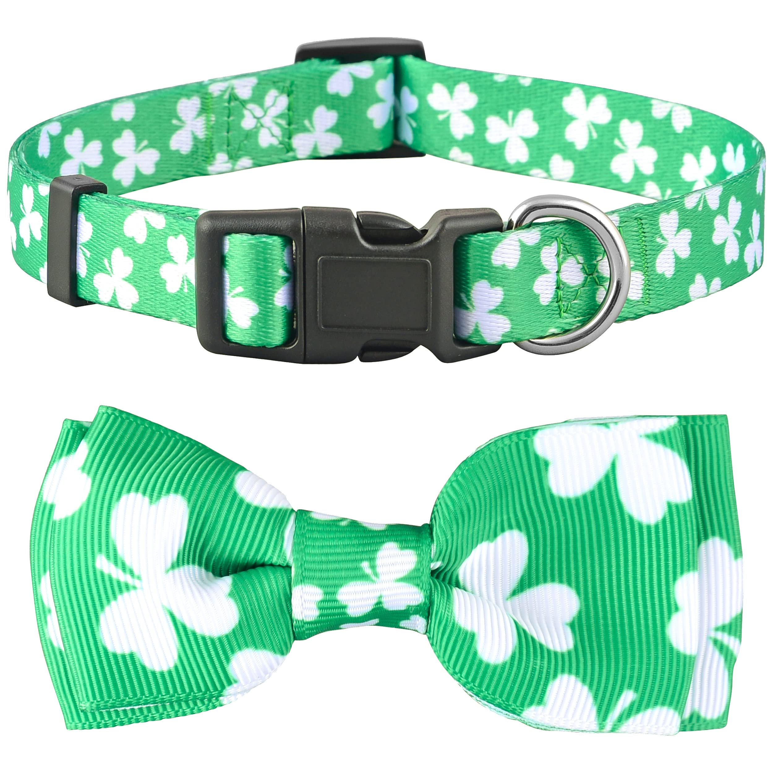 St Patricks Day Dog Collar With Bowtie, Gift Decor For Irish, Lucky Clover Shamrock Bow Tie (Medium, St. Patrick'S White Clover)