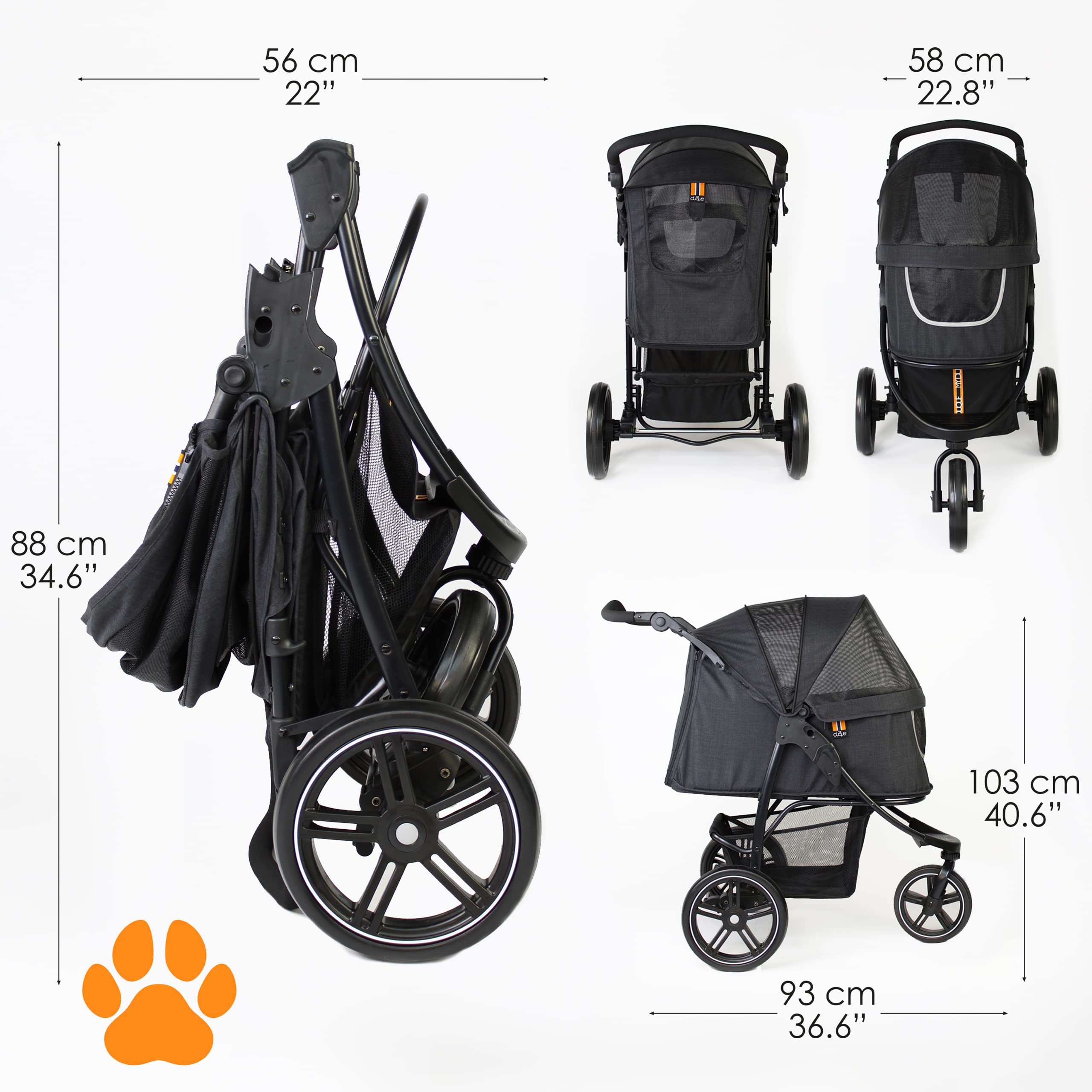 My Duque - Cooper Dog & Pet Robust Buggy, Jogger Holds Up To 32 Kg / 70Lbs, Easy Fold, Multi-Height Adjustable Soft Touch Handle, Reflective Accents, Mesh Inserts, Zippered Exits, Storage Basket Below