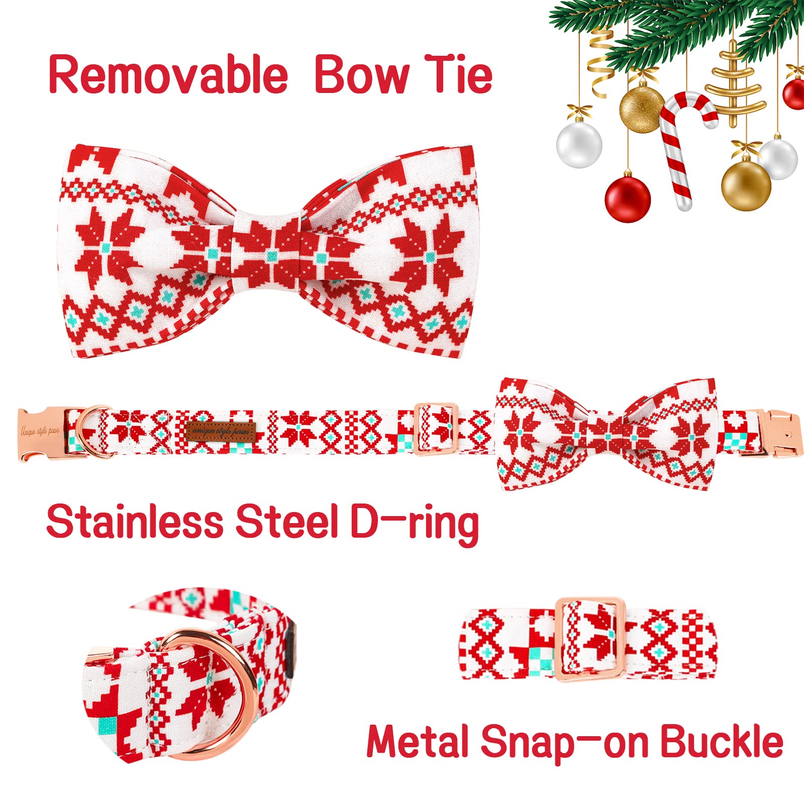 Unique Style Paws Christmas Dog Collar With Bow Tie Red White Grid Cotton Collar Adjustable Puppy Plaid Collar For Small Medium Large Dogs-Xl