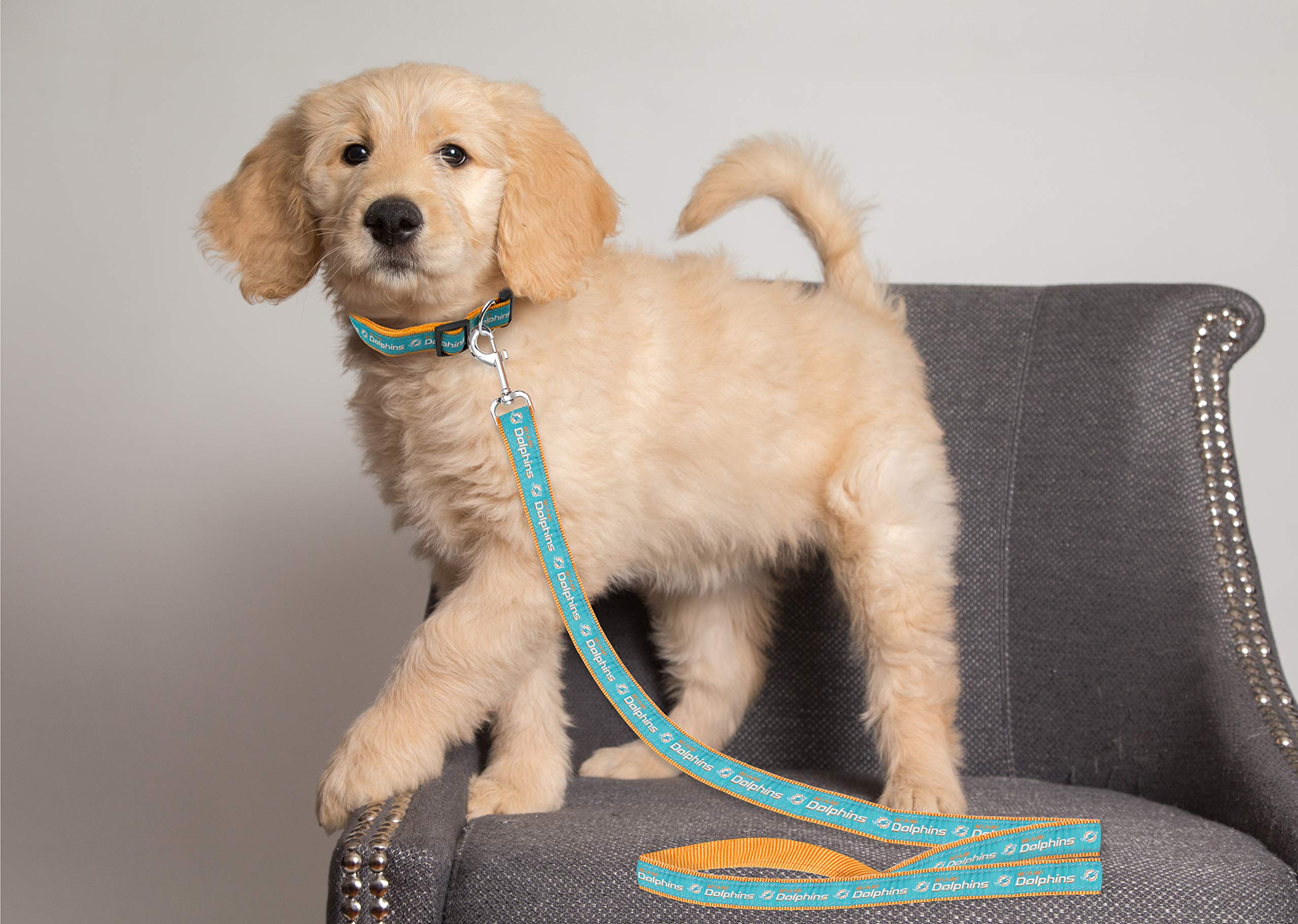 Nfl Miami Dolphins Dog & Cat Leash - Medium, Shiny & Colorful With Embroidered Team Name/Logo Licensed By The Nfl