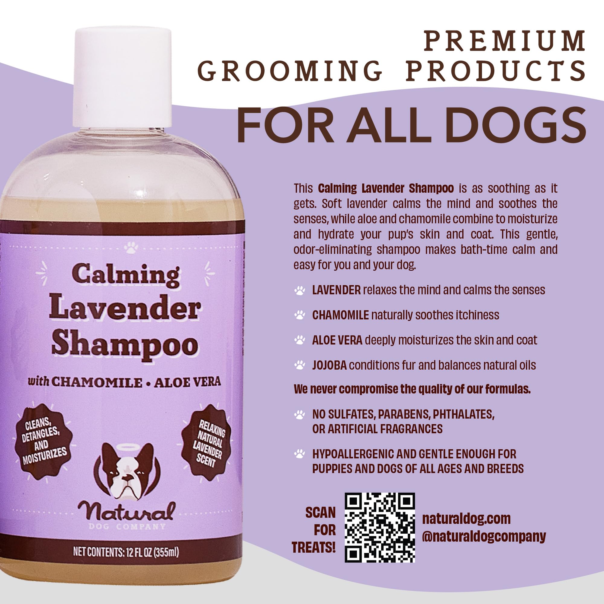 Natural Dog Company Calming Lavender Shampoo For Dogs - Hypoallergenic, Deodorizing Dog Shampoo For Sensitive Skin, All Natural, Organic Pet Shampoo, Soothes With Chamomile And Lavender, 12 Oz