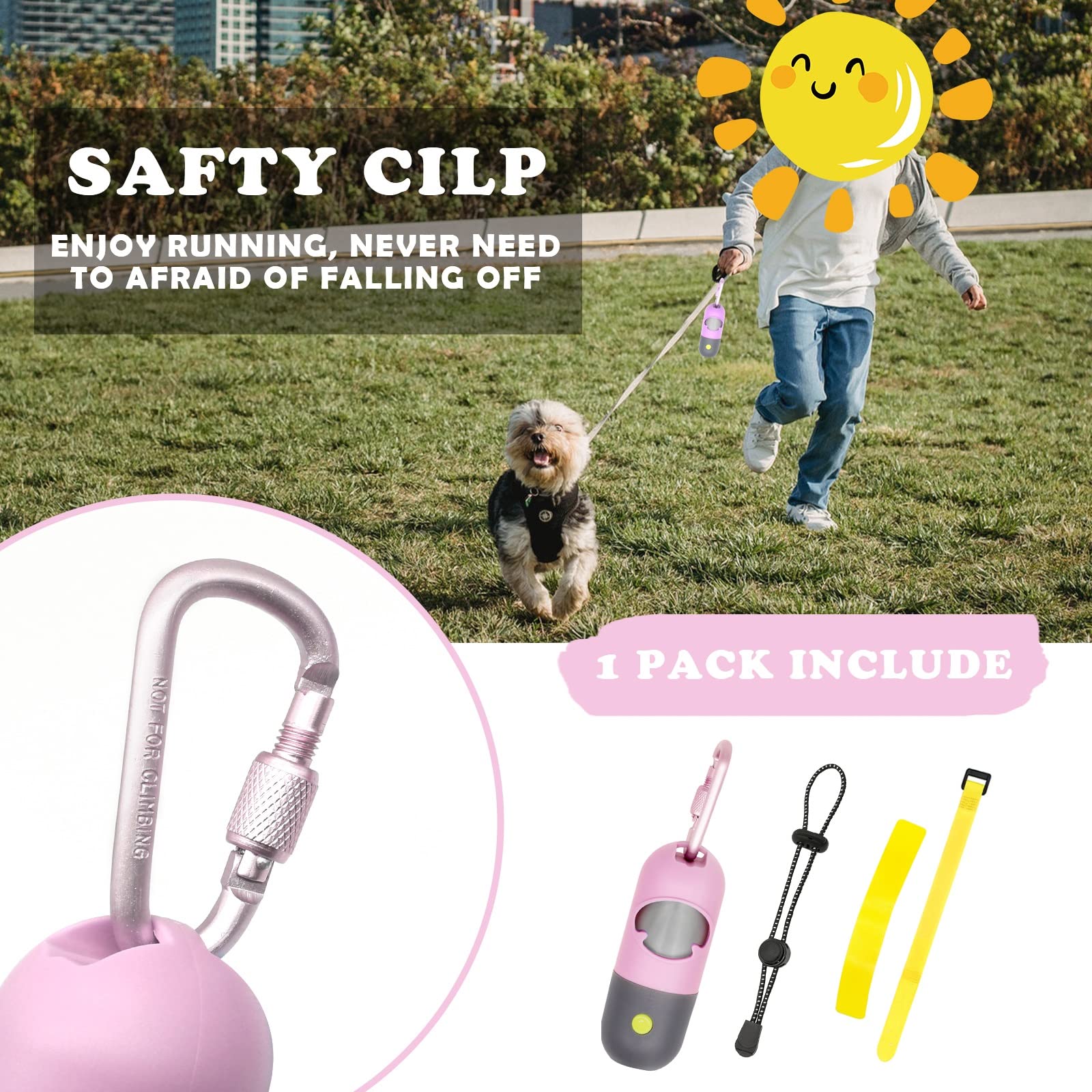 Yuchiya Dog Poop Bag Dispenser With Flashlight|Dog Poop Bag Holder With Leash Clip|Hands-Free Leash Poop Bag Holder With Straps And 1 Roll Dog Waste Bags (Pink)