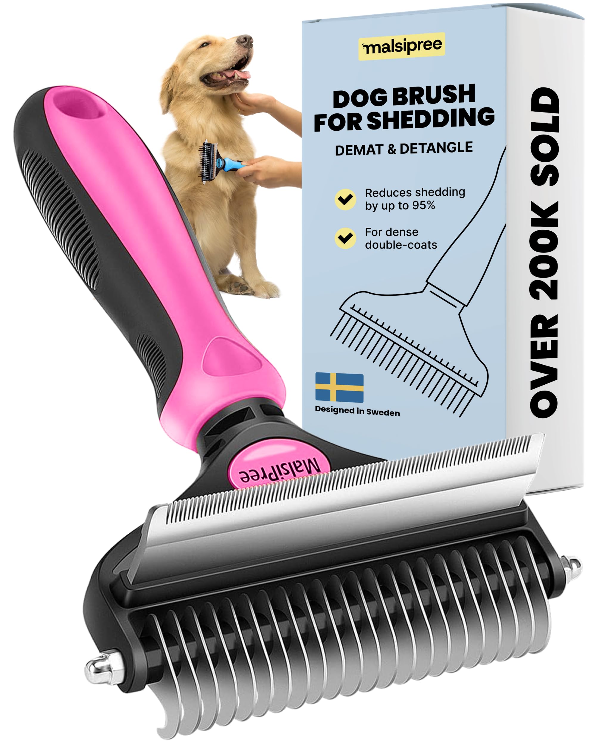 MalsiPree Dog Grooming Brush - 2 in 1 Deshedding Tool & Undercoat Rake for Long & Short-Haired Pets - Dog Brush, Dematting Comb