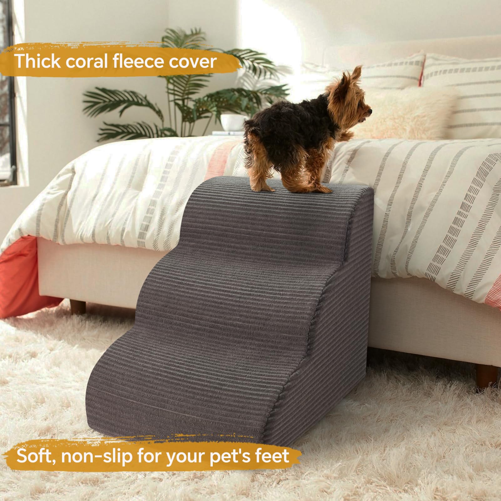 Curved Dog Stairs Ramp for Beds Couches and Chair, 15.7 H, 3-Step Dog Steps for Small Dogs, Pet Stairs for Cats with Non-Slip, R