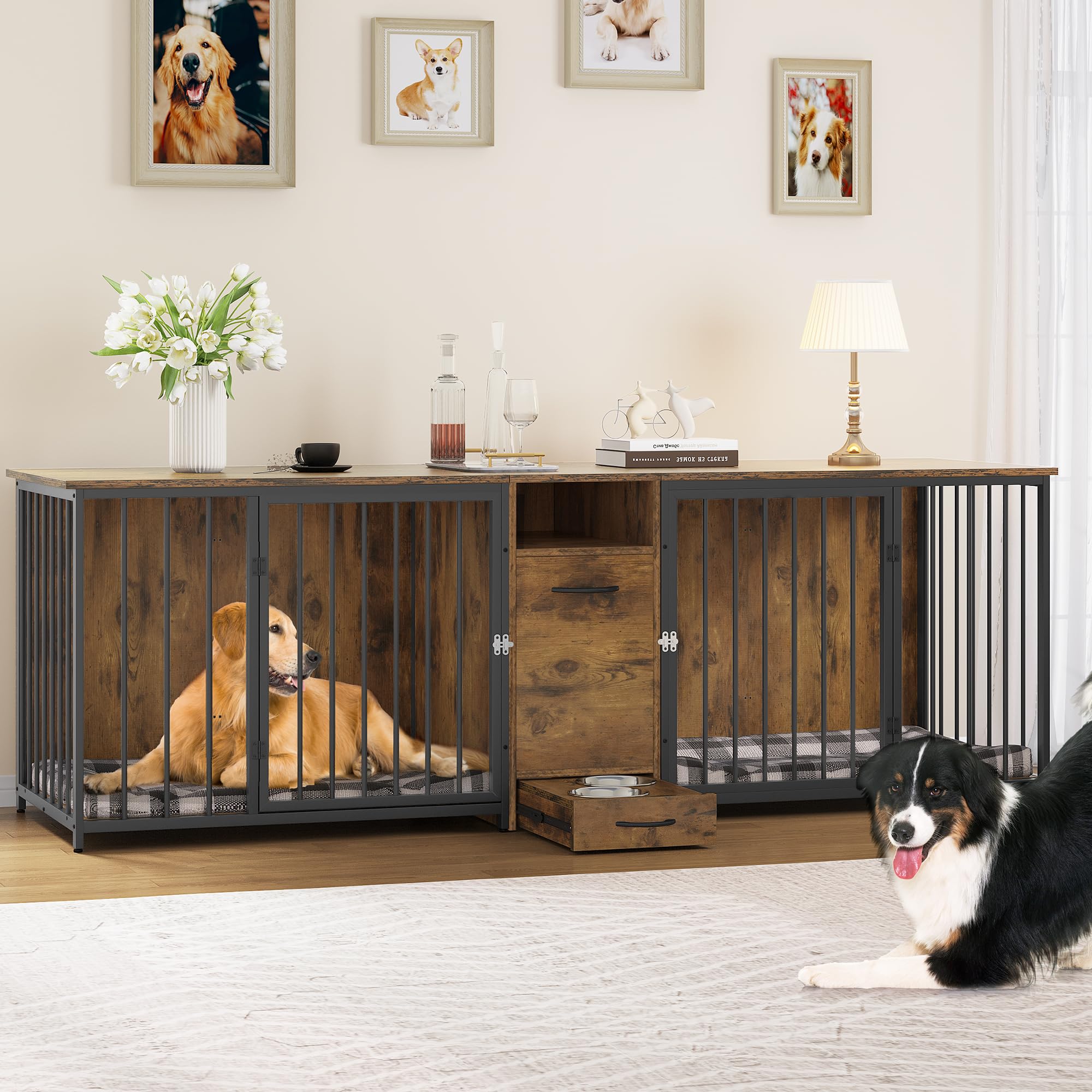 YITAHOME 94.5 Large Dog Crate Furniture with Feeder Bowls, Heavy Duty Dog Kennel with Room Divider and Drawer, Wooden Dog House