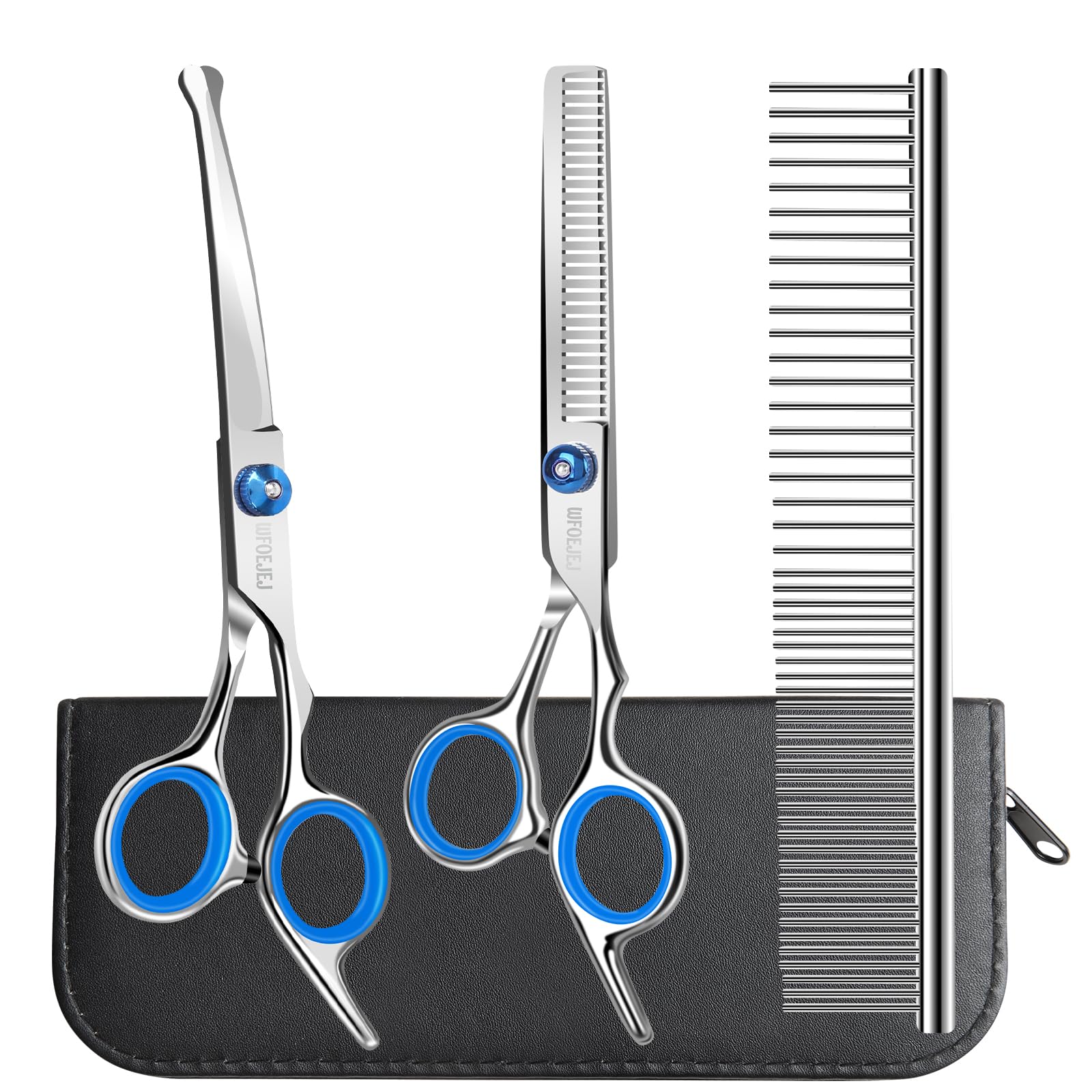 WFOEJEJ Professional 3 in 1 Dog Grooming Scissors Kit with Safety Round Tips, Sharp and Durable Pet Grooming Shears for Dogs and