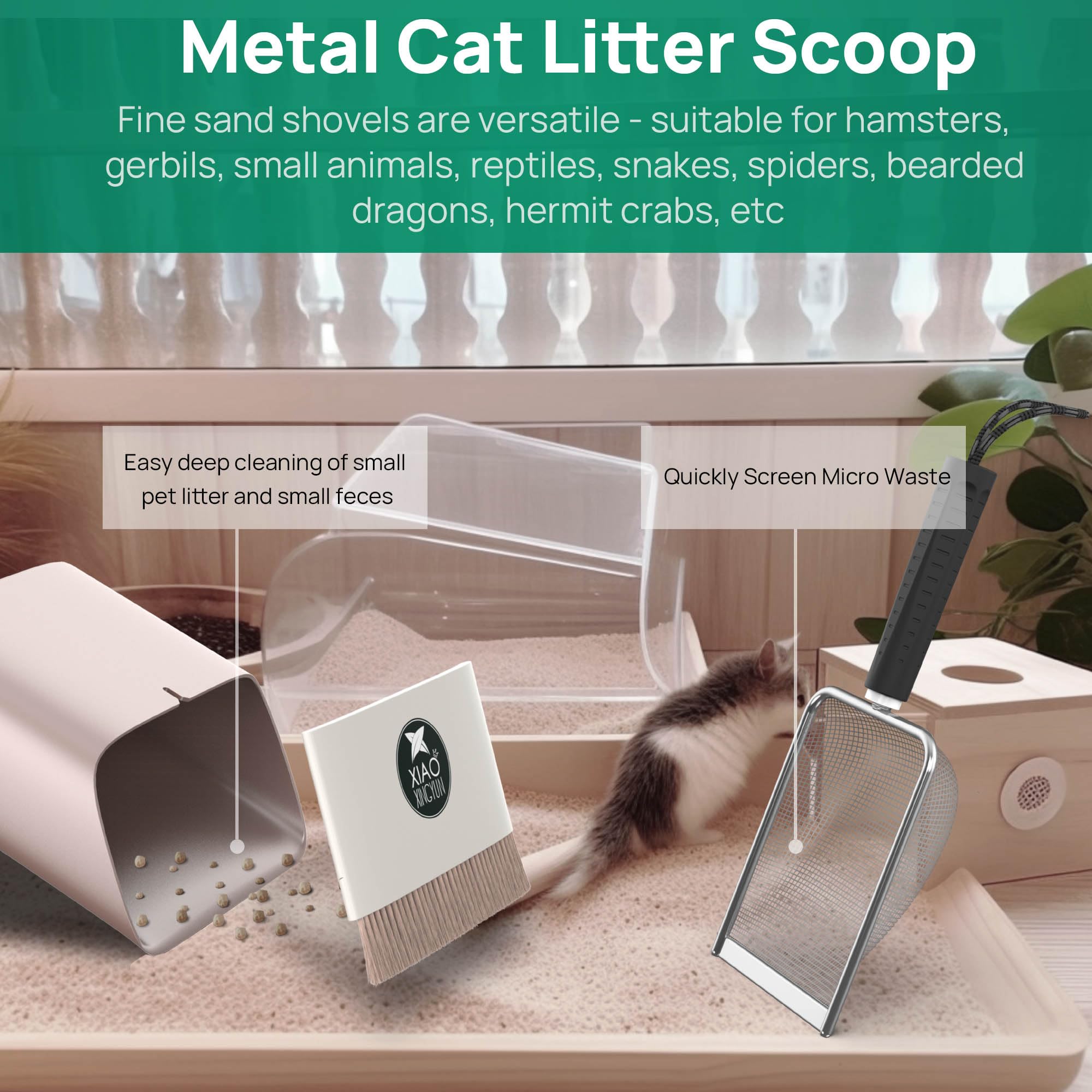 Xiaoxingyun Litter Scooper With Holder For Sandbath Box,Stainless Steel Litter Scooper Includes Portable Small Broom And Dustpan