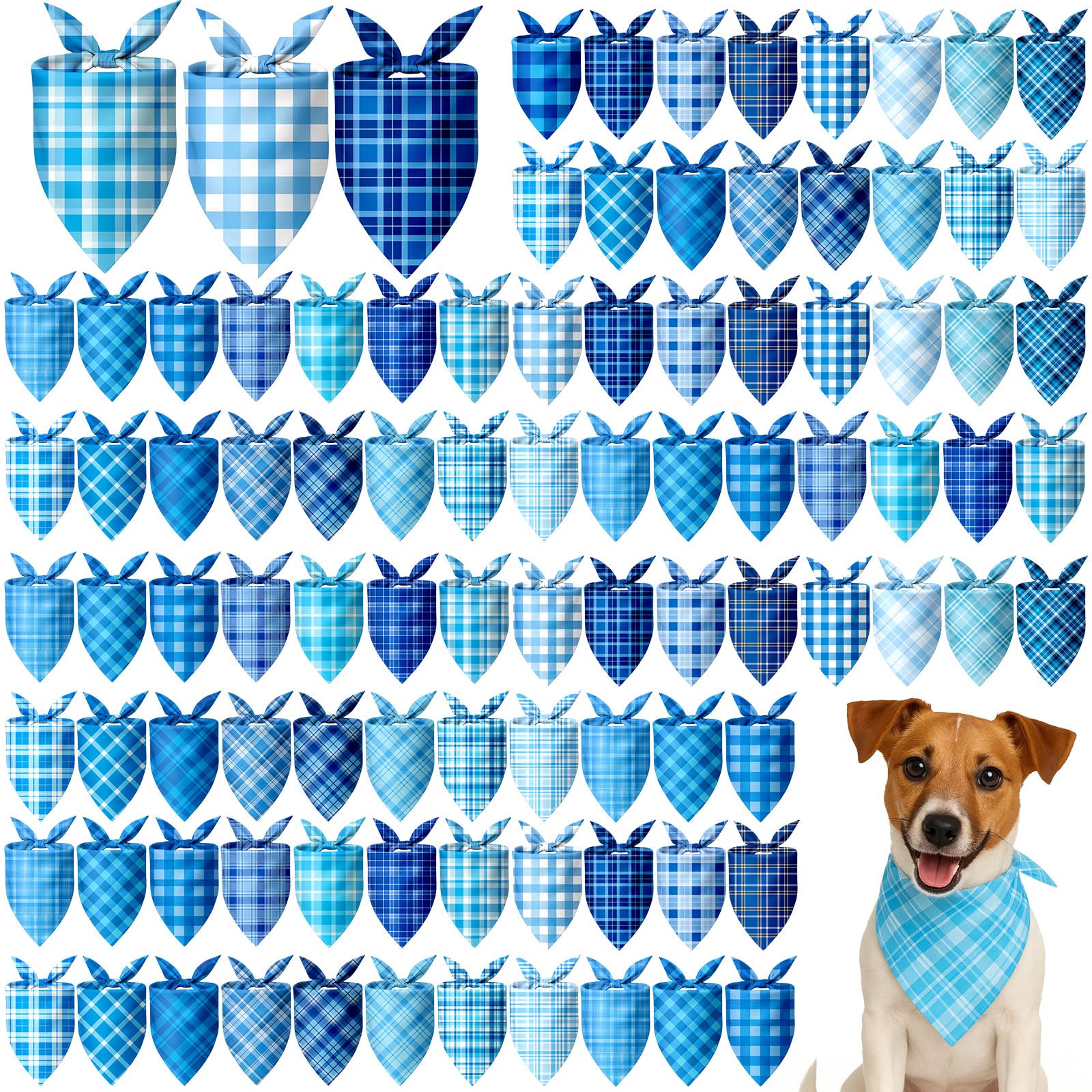 Abbylike 100 Pcs Plaid Dog Bandanas Bulk Blue Checkered Bandanas for Dogs Triangle Kerchief Bibs Scarf Set for Pet Holiday Party