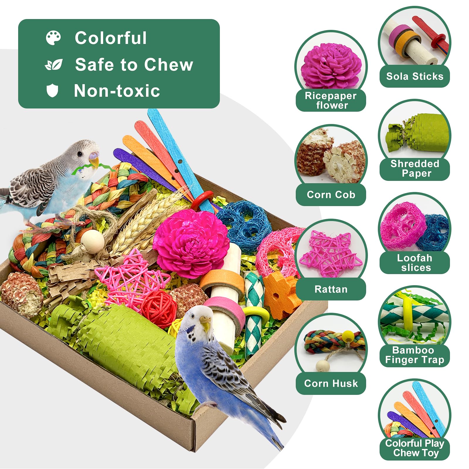 LOPERDEVE Natural Bird Toy Foraging Parrot Shredding Toys Box Conure Chewing Toys for Cockatiel Lovebird Parakeet Budgie Small-M