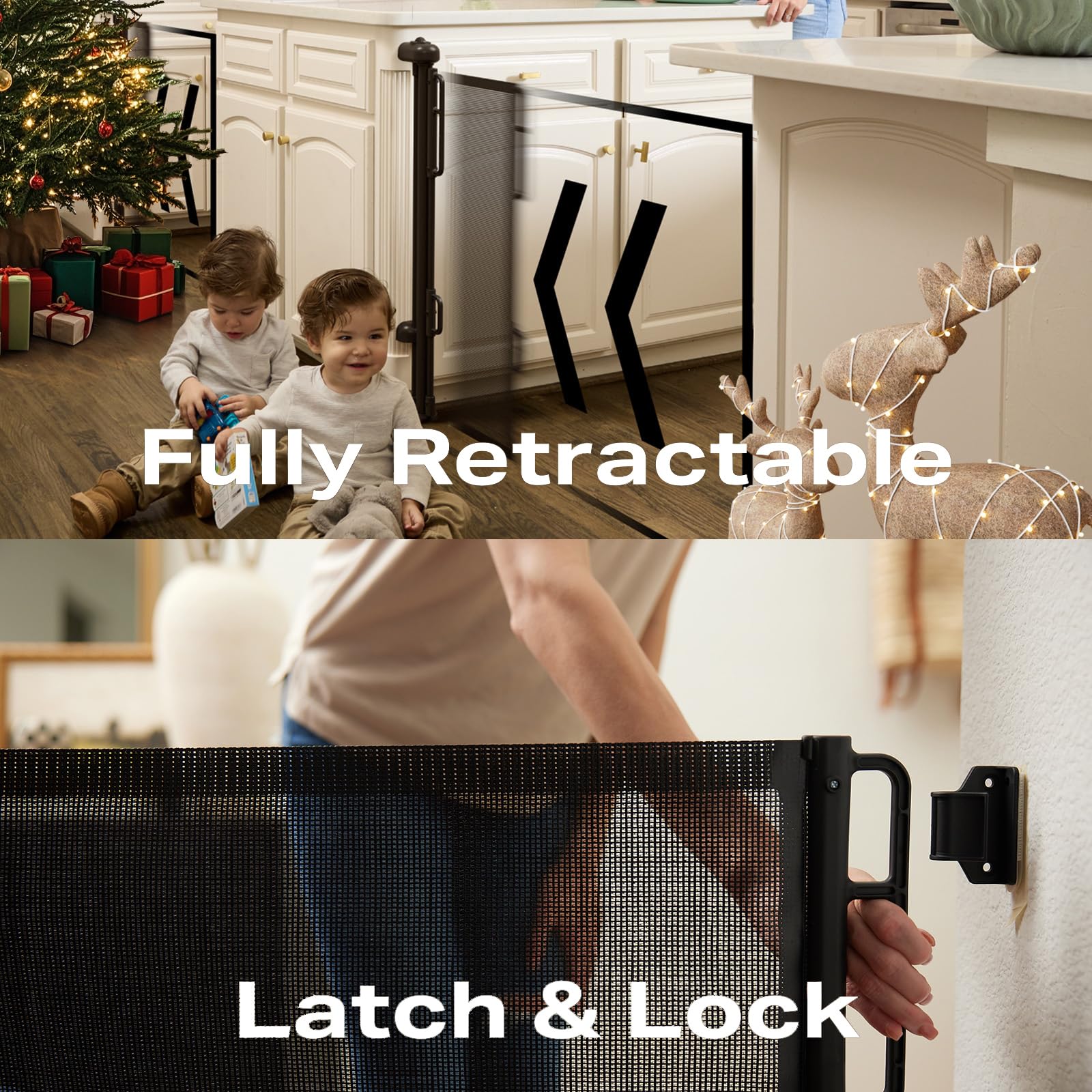 Cumbor Retractable Baby Gates For Stairs, Mom Choice Award Winner-55 Wide Mesh Dog Gate For Doorways, 34' Tall Easy To Use Pet Fence For The House, Toddler Safety Essentials Indoor&Outdoor, Black