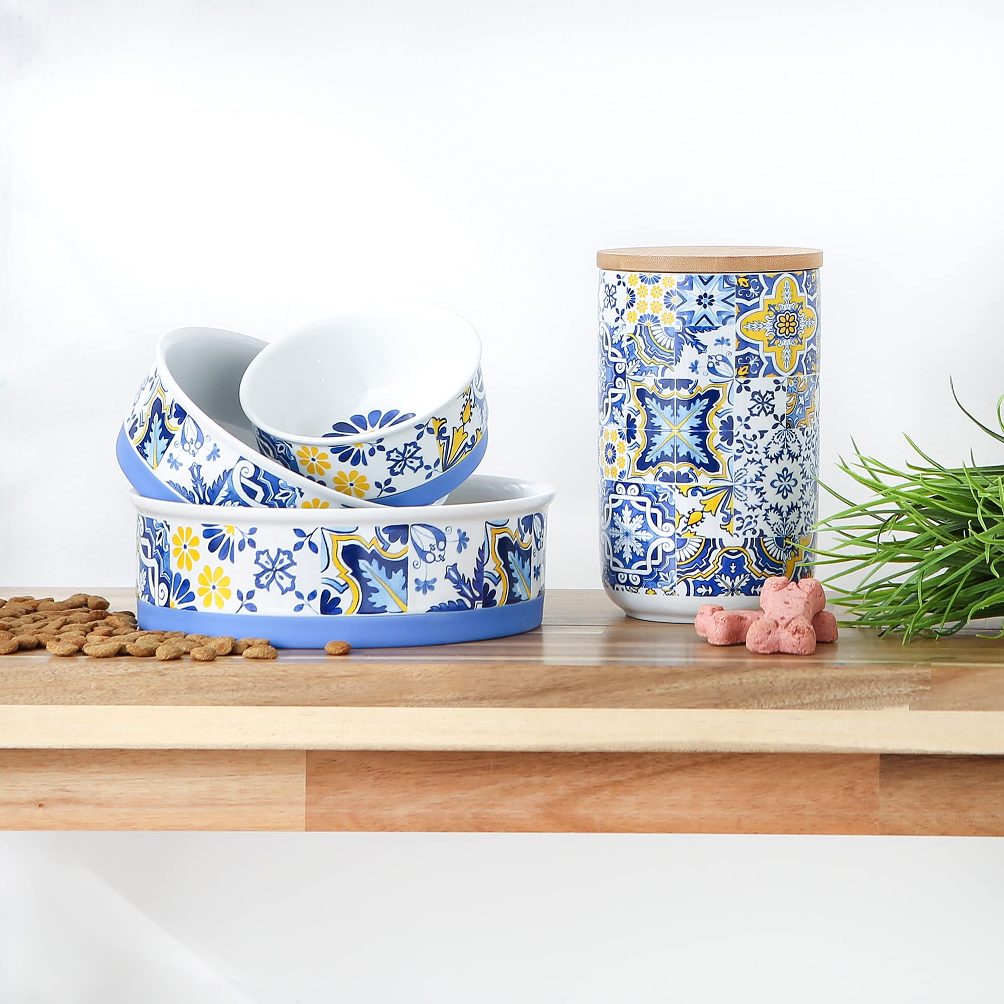 DII Pet Bowl Portuguese Azulejos Small 4.25Dx2H (Set of 2)